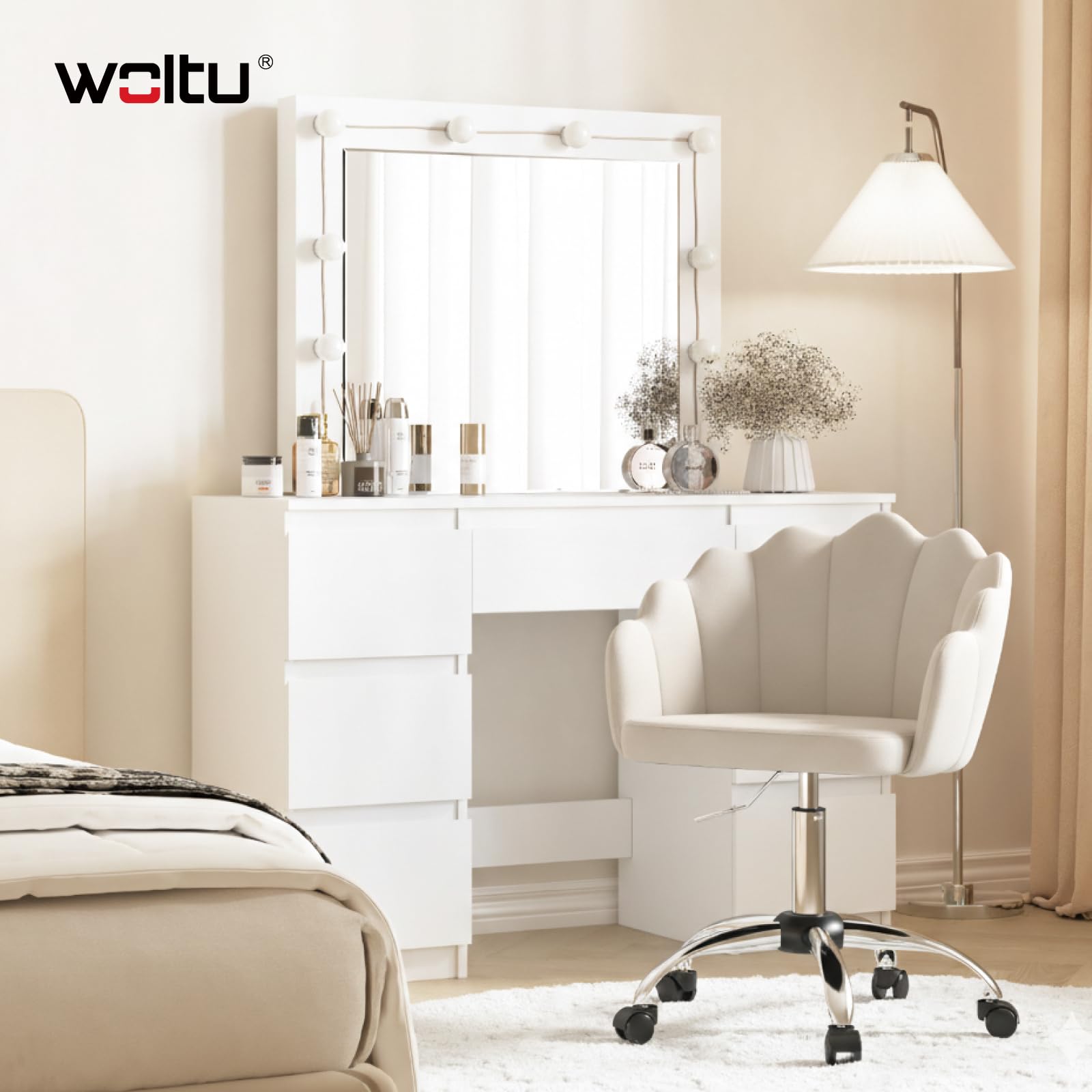 WOLTU Chaise Bureau Pivotante Hauteur Réglable Velours Beige Métal