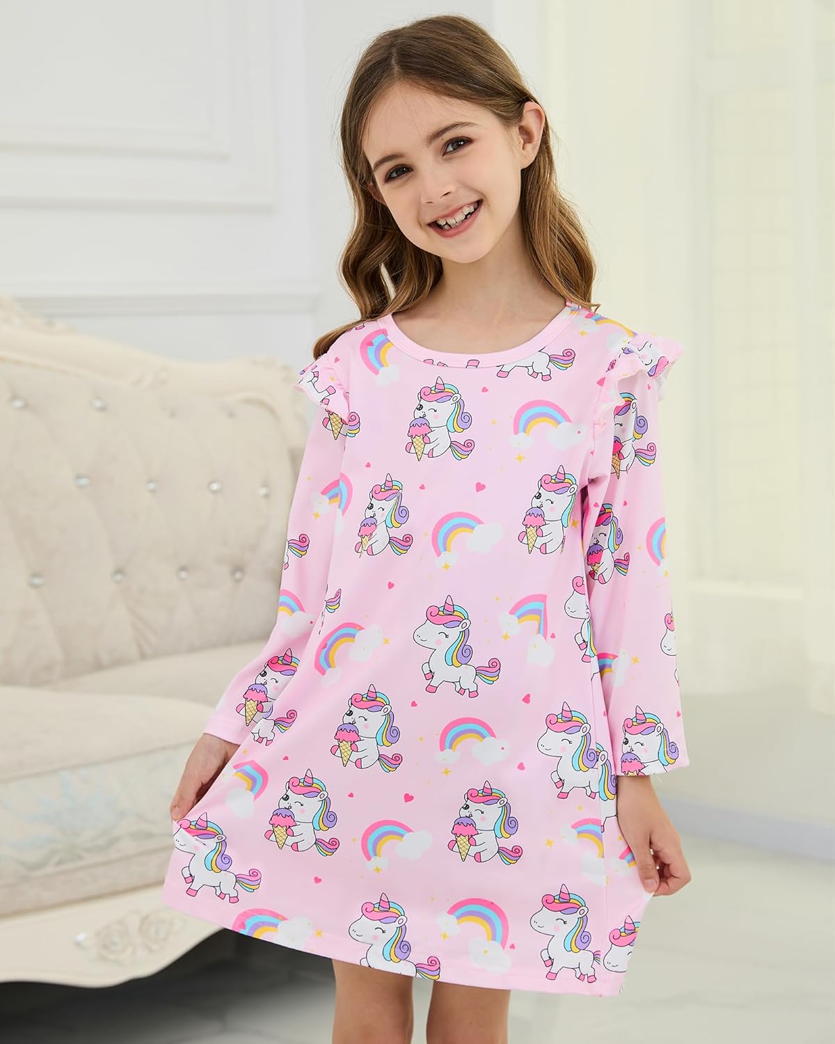 Girls Long Sleeve Dress: 2-Pack Soft Ribbed Ruffles Unicorn Print Toddler Girl Dresses for Casual Birthday Party 2-7Y - Image 3