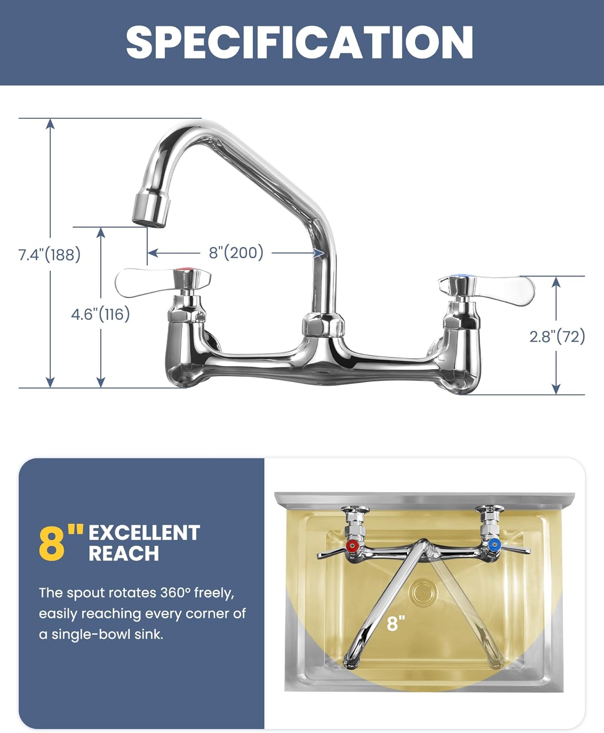 Commercial Sink Faucet with 8” Swivel Spout, 8" Center Wall Mount Kitchen Faucet, Dual Handles Brass Utility Sink Faucet for Laundry Room Restaurant Compartment Sink, Polish Chrome