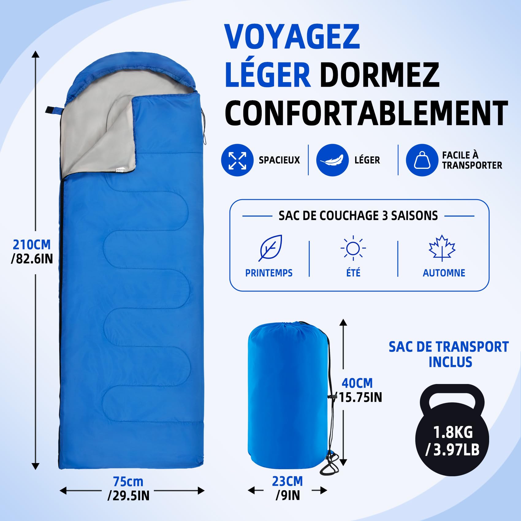 Sac de Couchage pour Adultes et Enfants, Léger, 3 Saisons | Portable, Déperlant, Robuste et Compact, avec Capuche et Fonction Couverture 2-en-1 pour Randonnée, Voyage et Sieste