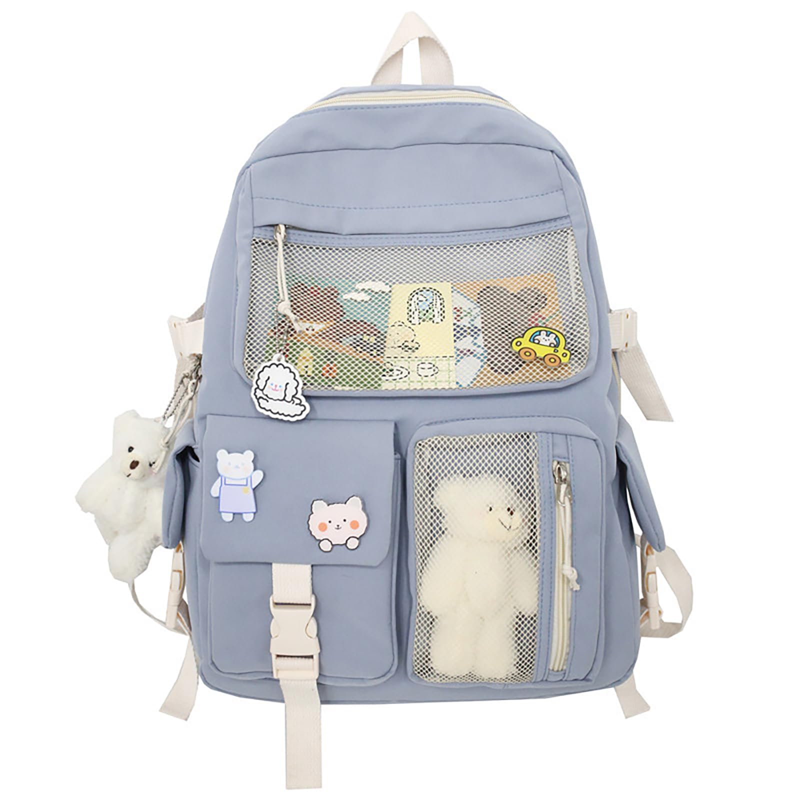 Mhtdet Cute Backpack Kawaii Backpack with Cute Pin Accessories and Plush Pendant Aesthetic Backpack School Backpack for Girls (Blue)