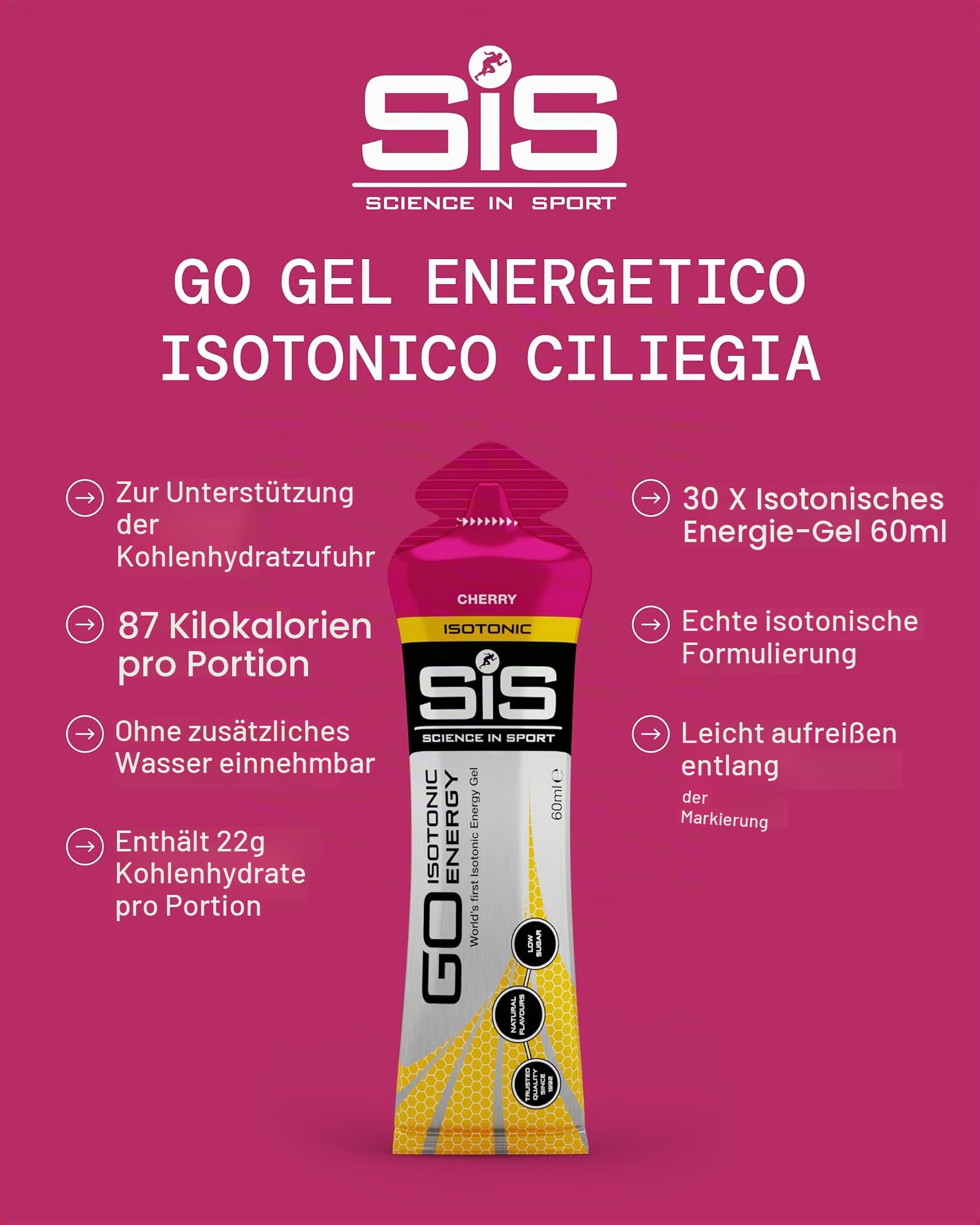 Science in Sport GO Isotonic Energy Gel 30 x 60ml Kirsche, Vegan - Isotonische Formulierung mit 22g Kohlenhydrate, Optimale Alternative für isotonische Getränke
