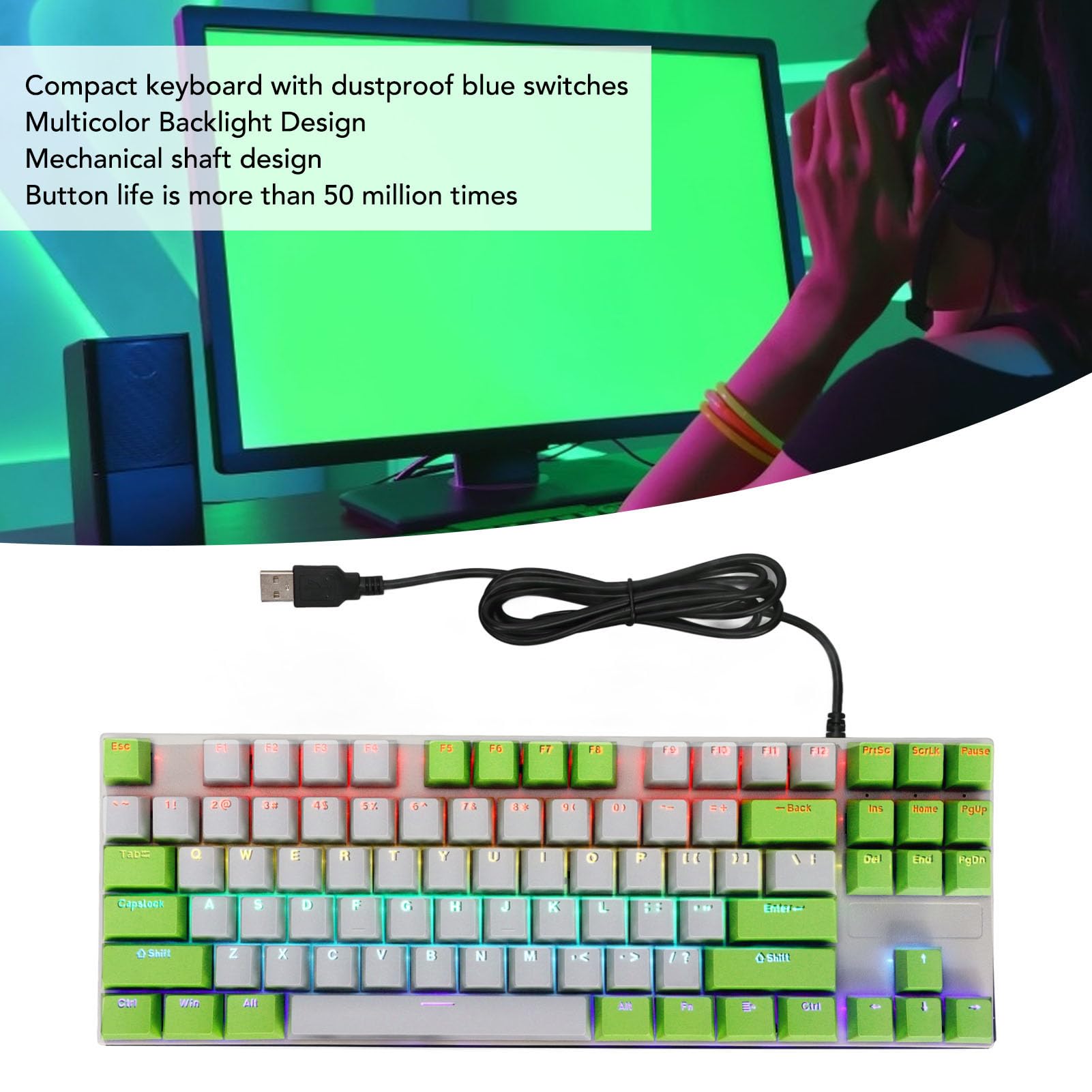 Cocoarm Teclado Mecánico 87 Teclas, Interruptor Azul, Retroiluminación