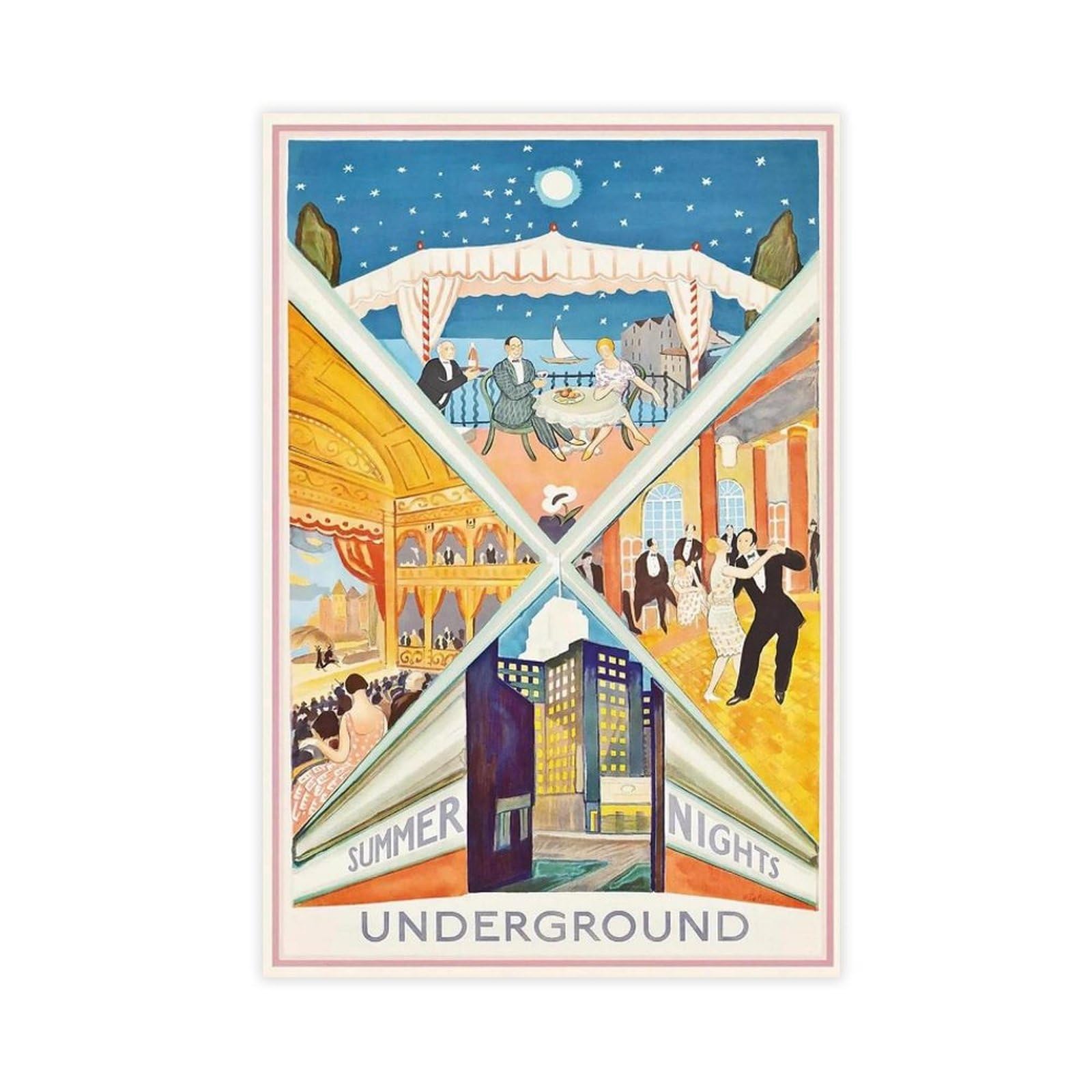 QOGDAF Poster su tela con stampa di Londra Underground Summer Nights, decorazione per camera da letto, ufficio, camera da letto, regalo, 60 x 90 cm