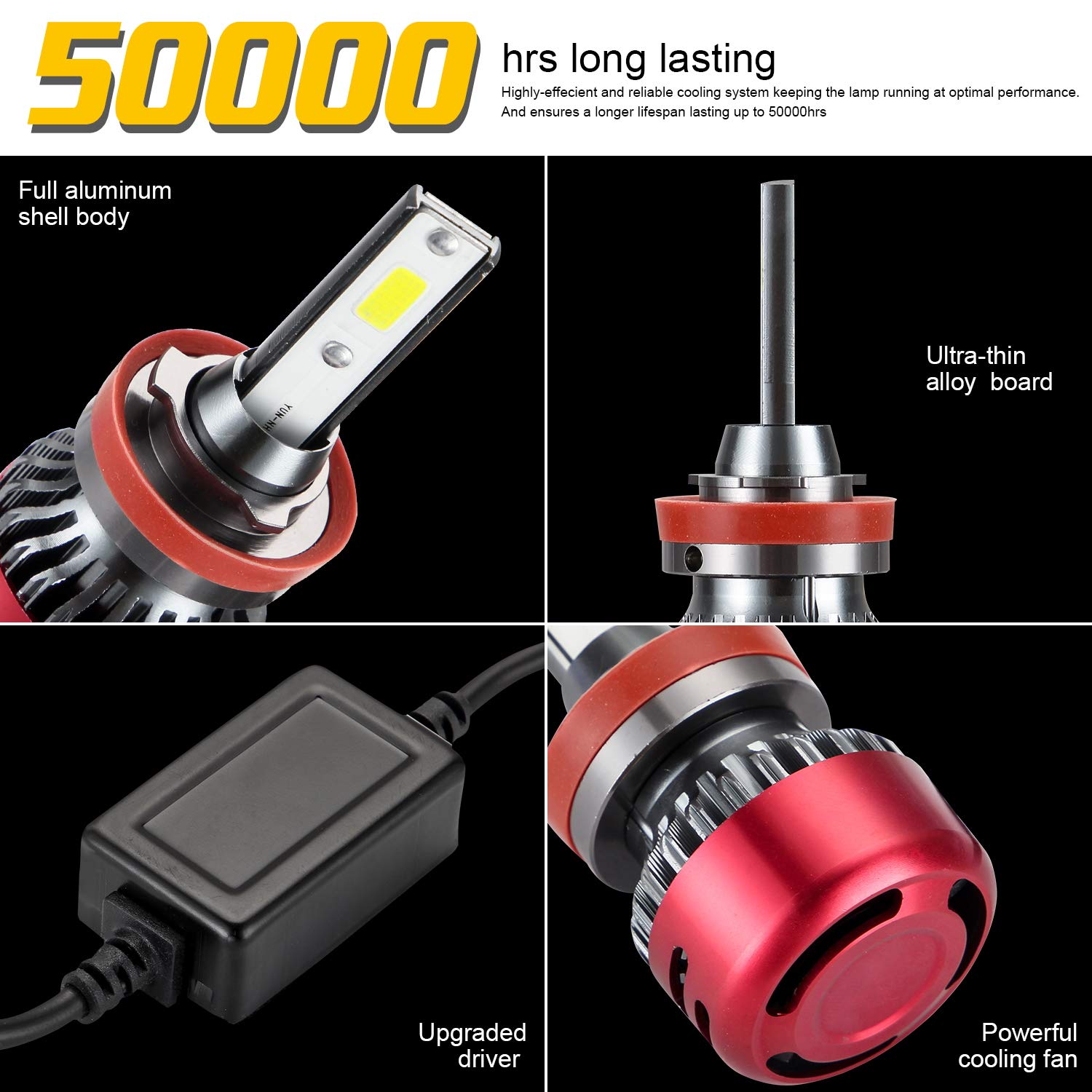 1 para 1000 lm żarówka LED 6000 K zimna biel samochód lampa konwersja żarówki przeciwmgielne DC 9-30 V światło do jazdy (H8/H9/H11)