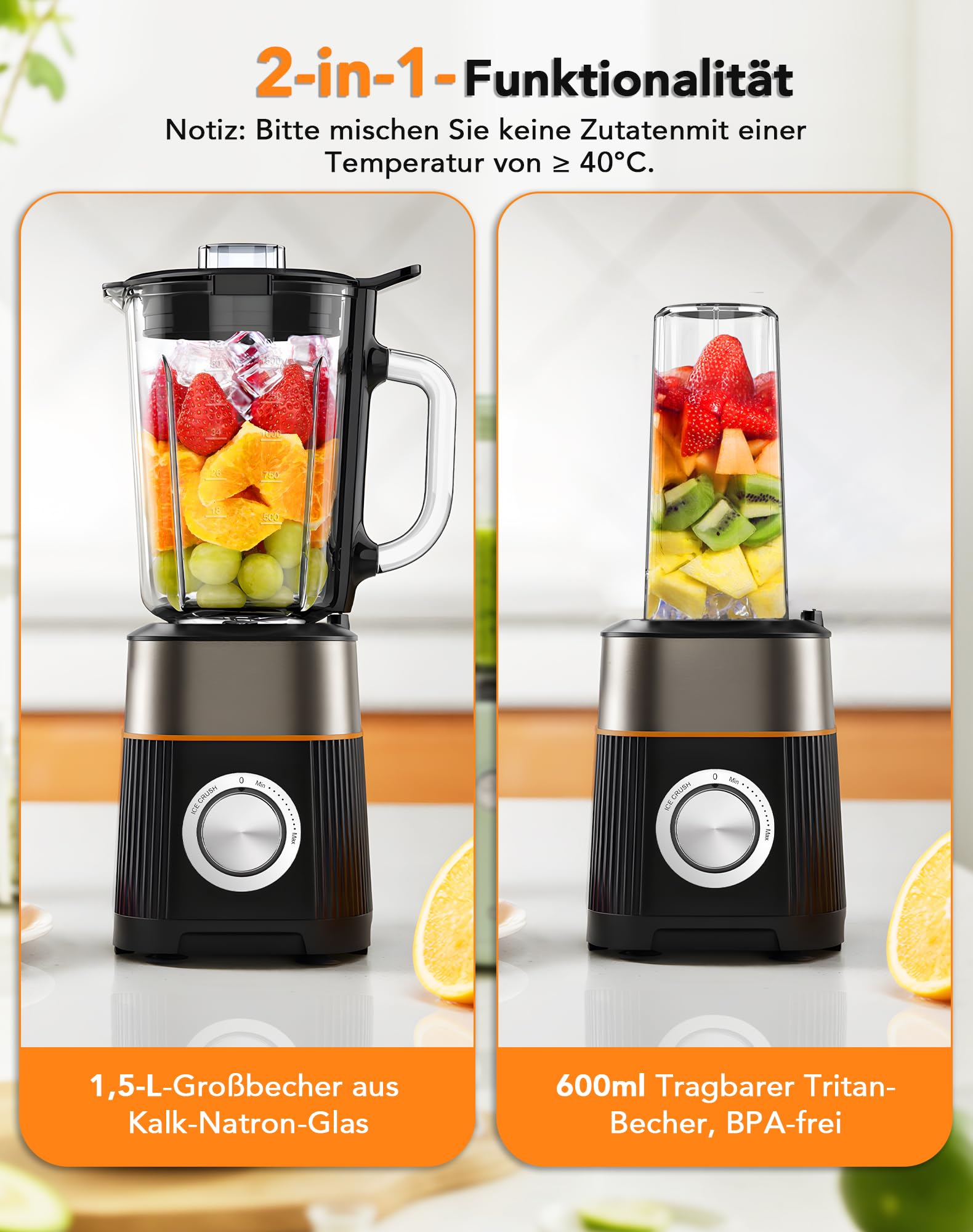 1000W Standmixer, Mixer, Glas 2-1 Mixer Smoothie Maker mit 1,5L Glaskrug und 600ml Reisebecher, Stufenlos Drehbare Drehregler, Selbstreinigung, für Ice-Crush-Funktion Shakes Gefrorene Getränke Saucen