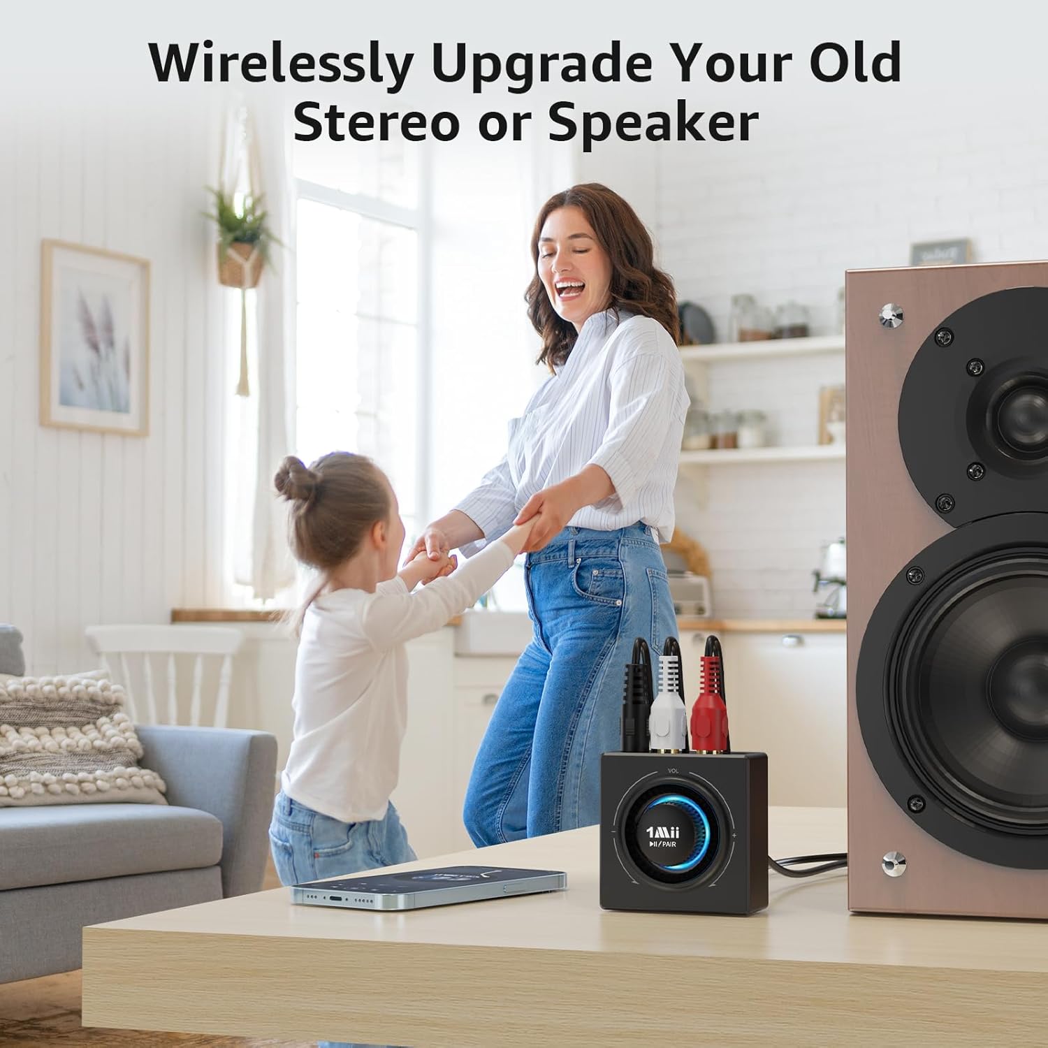 1Mii B06T3 Bluetooth 6.0 Receiver for Home Stereo, Knob Volume Control, RCA & 3.5mm AUX Jack, Wireless Audio Adapter for Old Speakers, Wired Speakers, Home Audio Music Streaming Stereo System