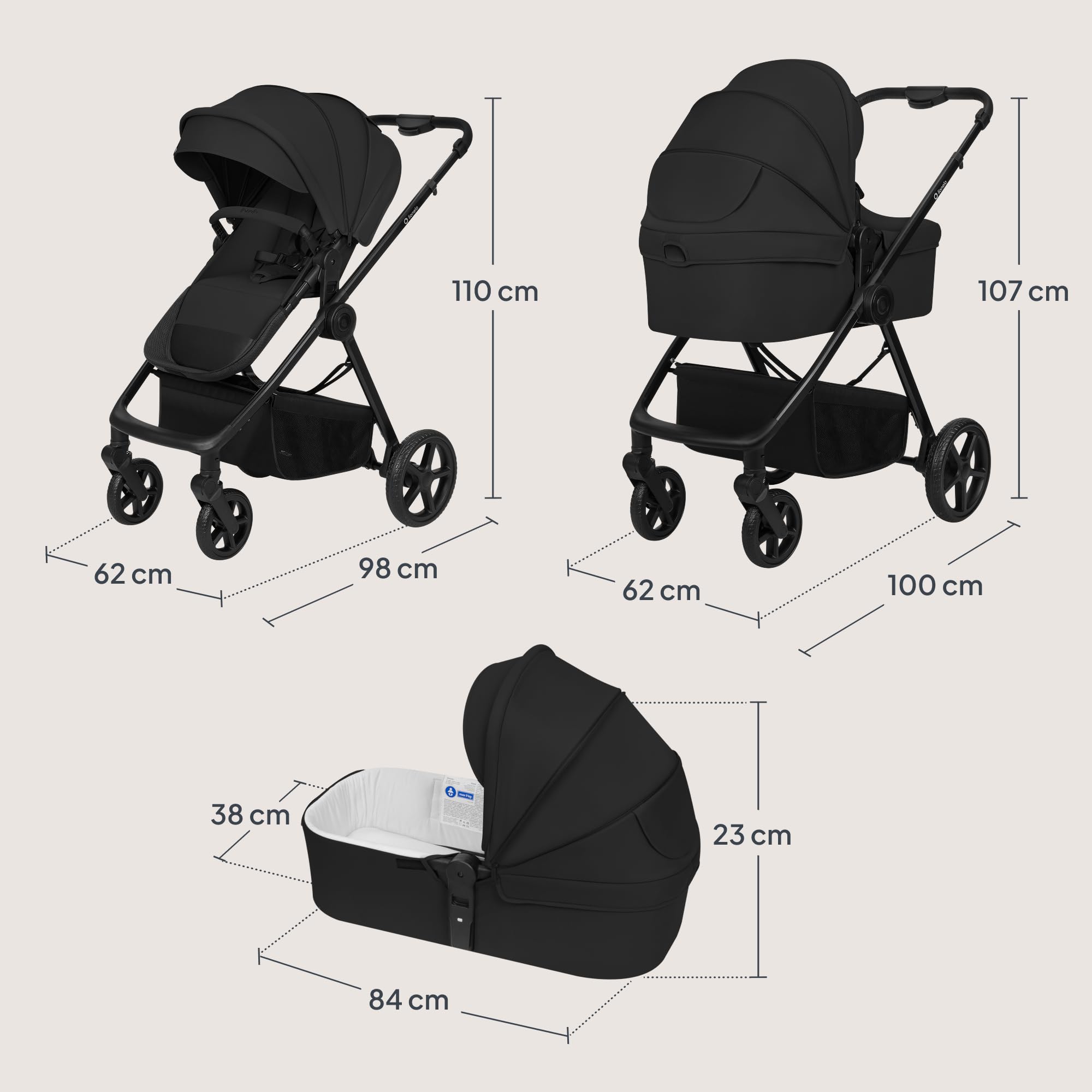 Lionelo Greet Passeggino Trio 3 in 1 per bambini 0-4 anni / 0-22 kg Leggero | Sistema Modulare con Seggiolino Auto,Ampia Navicella,Seduta Reversibile,Telaio,Sospensioni,Posizione Reclinata,UPF50+
