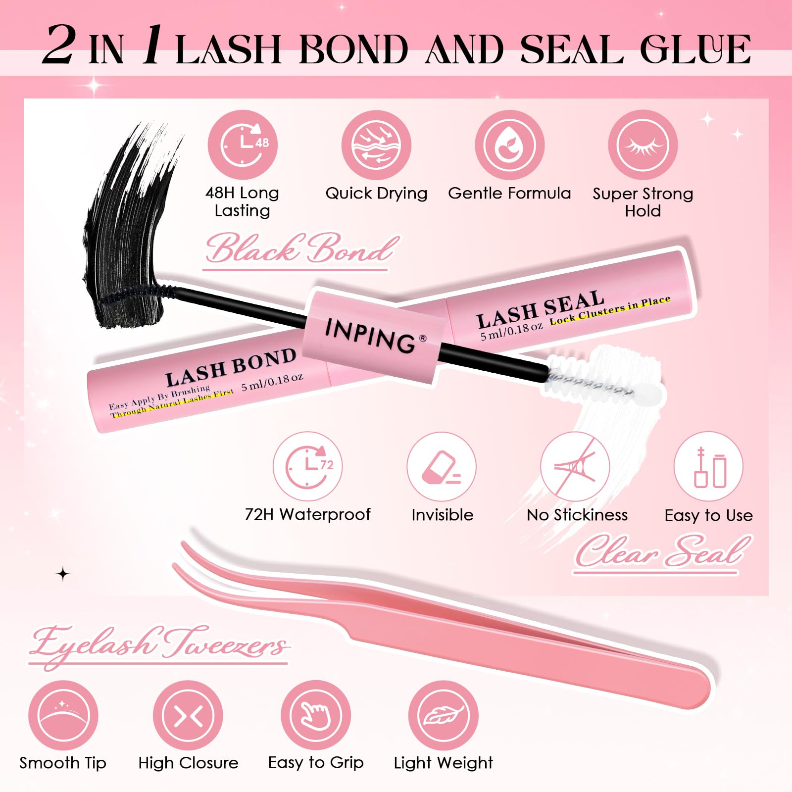 INPING zestaw do przedłużania rzęs, 2 style Naturalne Cluster Lashes na przezroczystym taśmie, zestaw Fairy Wispy Manga Lashes Extension z pincetą Lash Bond and Seal do przedłużania rzęs w domu DIY, 8
