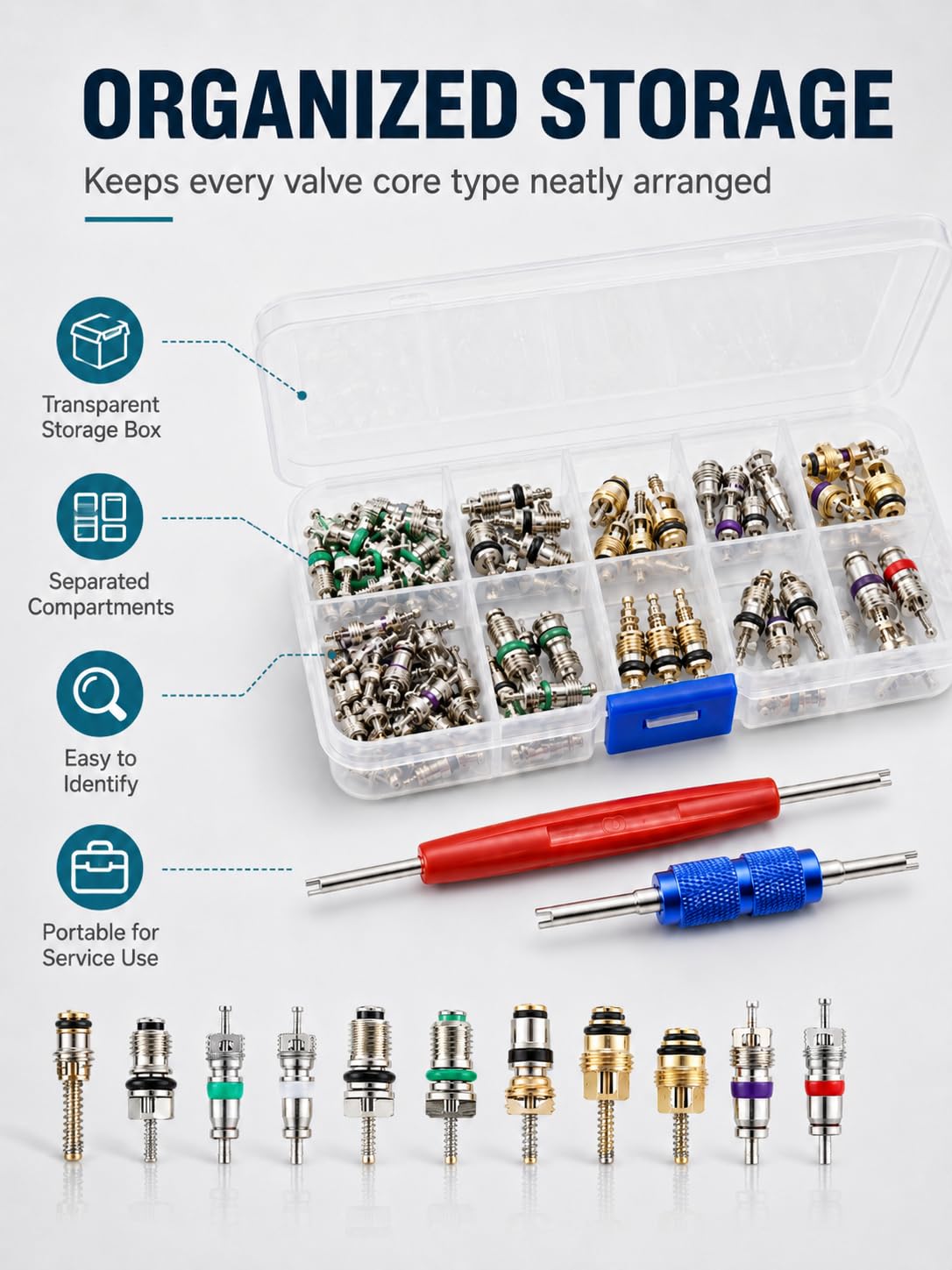 VOBOR Obus Aire Acondicionado, 102Pcs A/C Valvula R12 R134A Aire Acondicionado Coche, Válvula de Neumático Núcleos de Vástago Herramienta Remover Surtido Kit