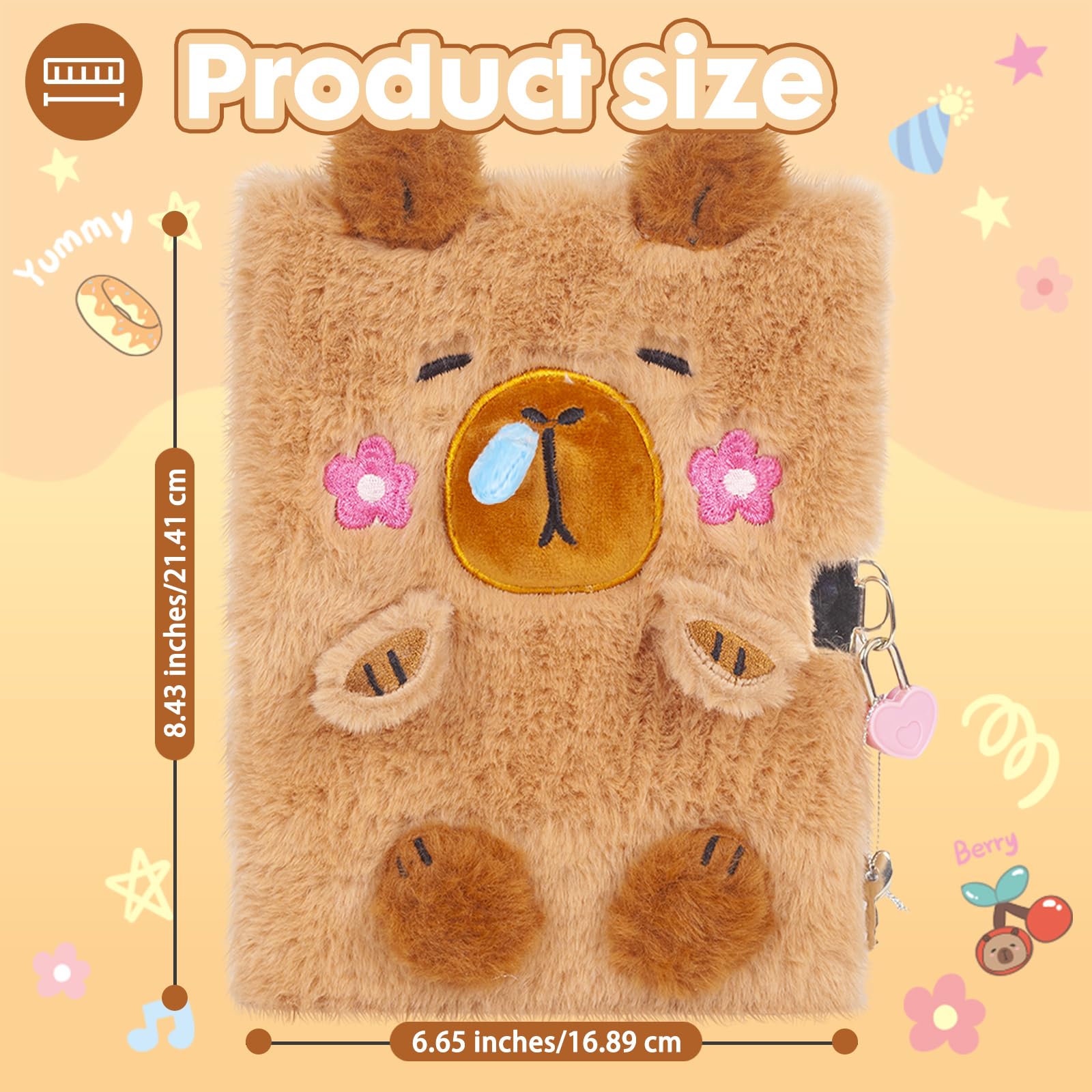 Capibara Plush Diary with Lock and Keys,160 Pagine Diario per Bambini con Chiusura Segreta, Taccuino di Peluche per Scrivere e Disegnare, Regali per Bambini