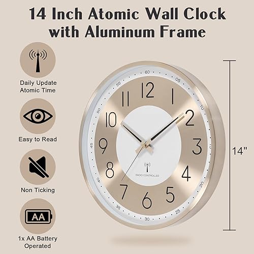 Miniatura 3 de Reloj de pared analógico atómico de 14 pulgadas, funciona con pilas, reloj de pared controlado por radio, juego automático de reloj de pared