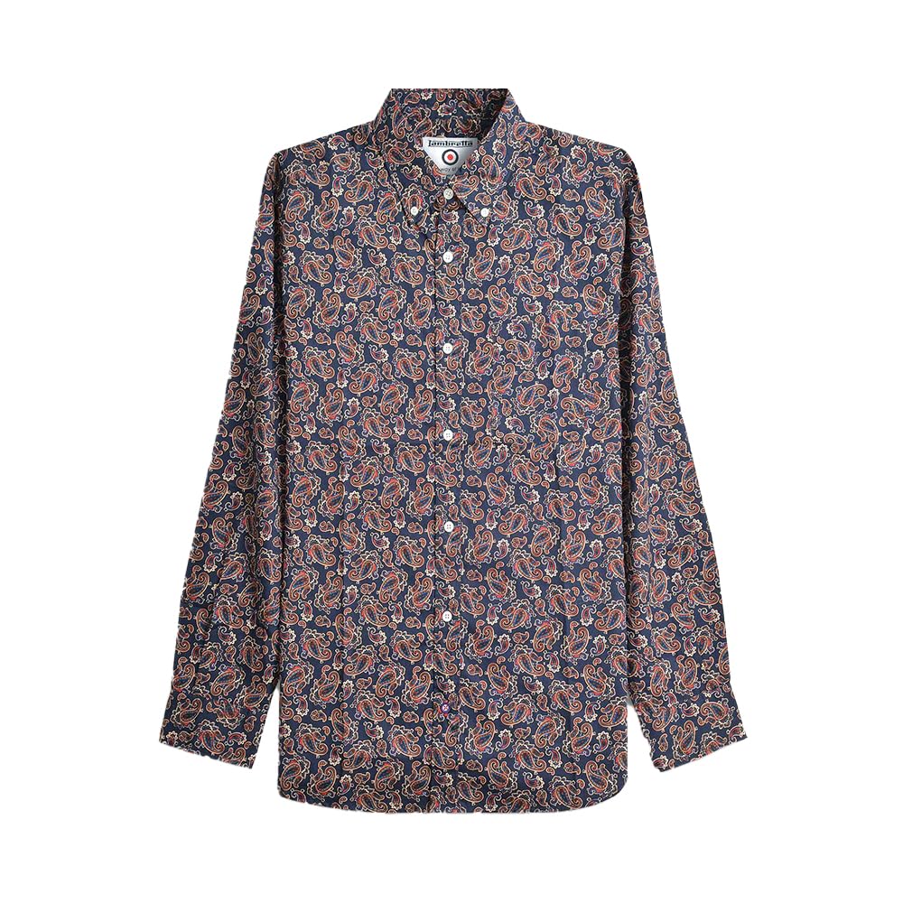 Lambretta Men's Navy Button Down Paisley Shirt (Uk, Alpha, L, Regular, Regular, )