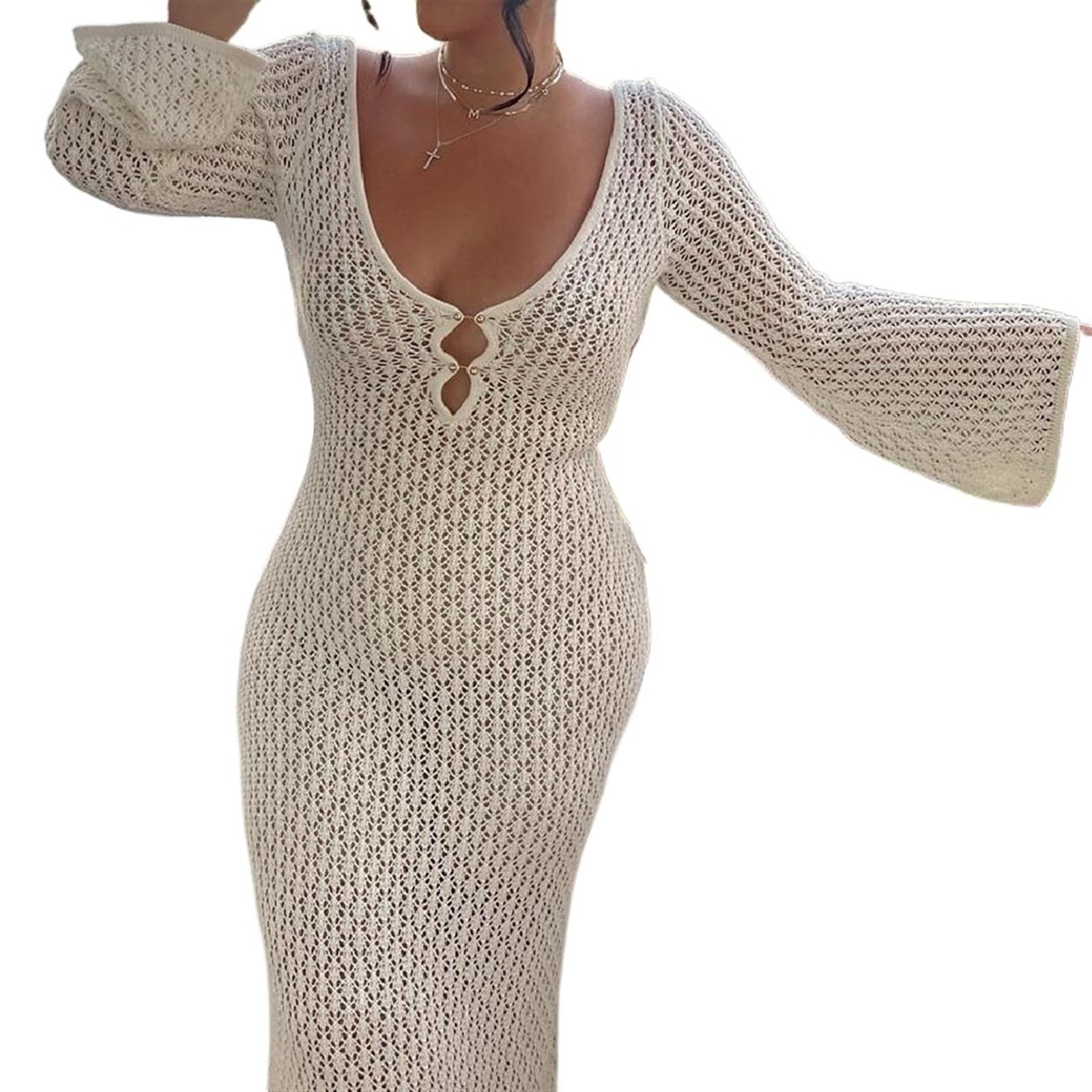 Beach Dresses for Women Women Long Knit Beach Dress Hollow-Out Deep V-Neck Long Sleeve Bikini Cover-Ups Dress Fall Backless Holiday Dress Cover Ups for Women Beachwear(A,S)