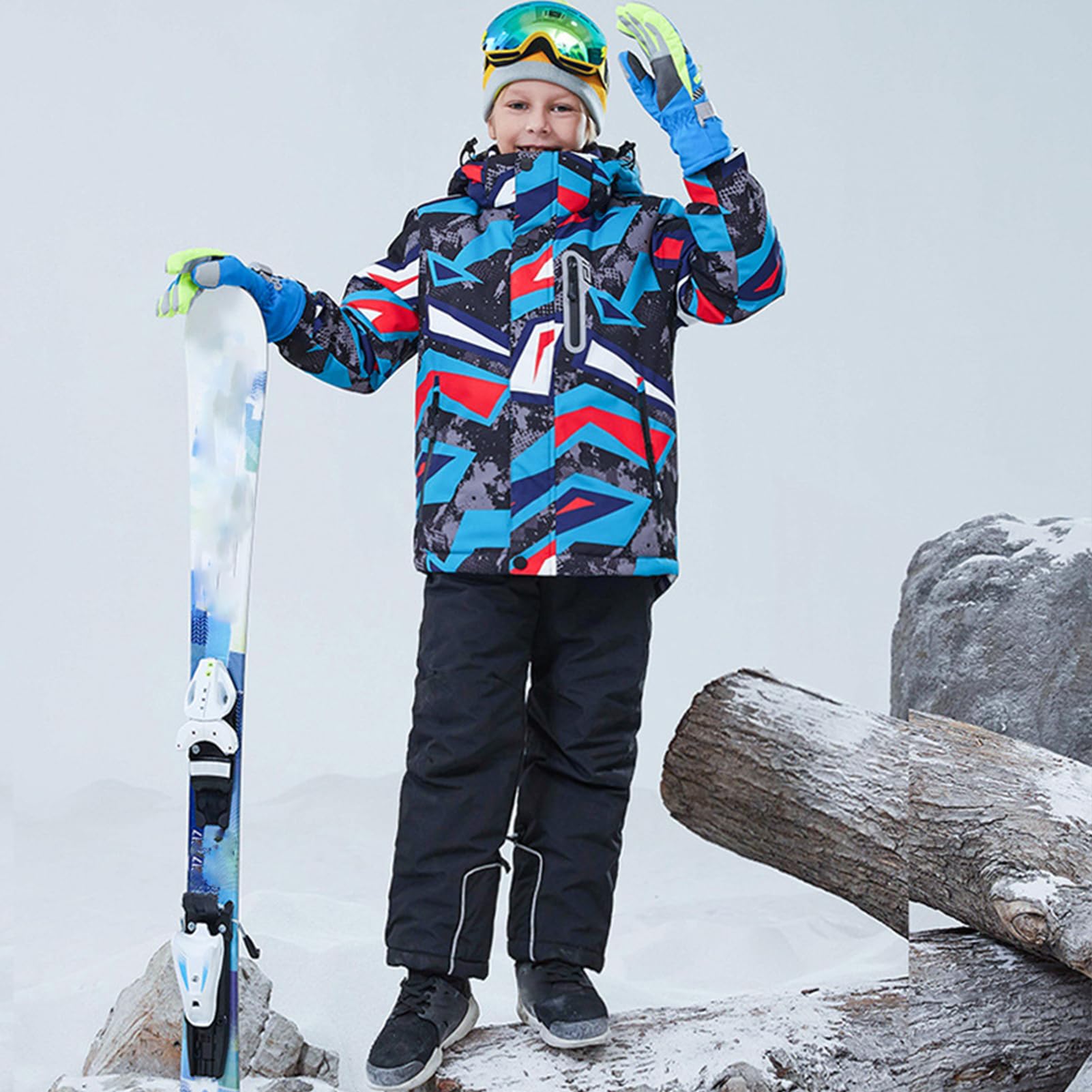 Conjunto de traje de esquí infantil de 2 piezas con capucha, impermeable, resistente al viento, traje de nieve para niños y niñas, chaqueta de esquí cálida y pantalones de esquí, geométricos