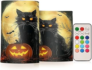 Halloween Black Cat Full Moon Flickering Flameless Candles Battery Operated with Remote Timer,Tea Light Candles LED Pillar Votive Candles Set of 2 for Outdoor Indoor Decorations