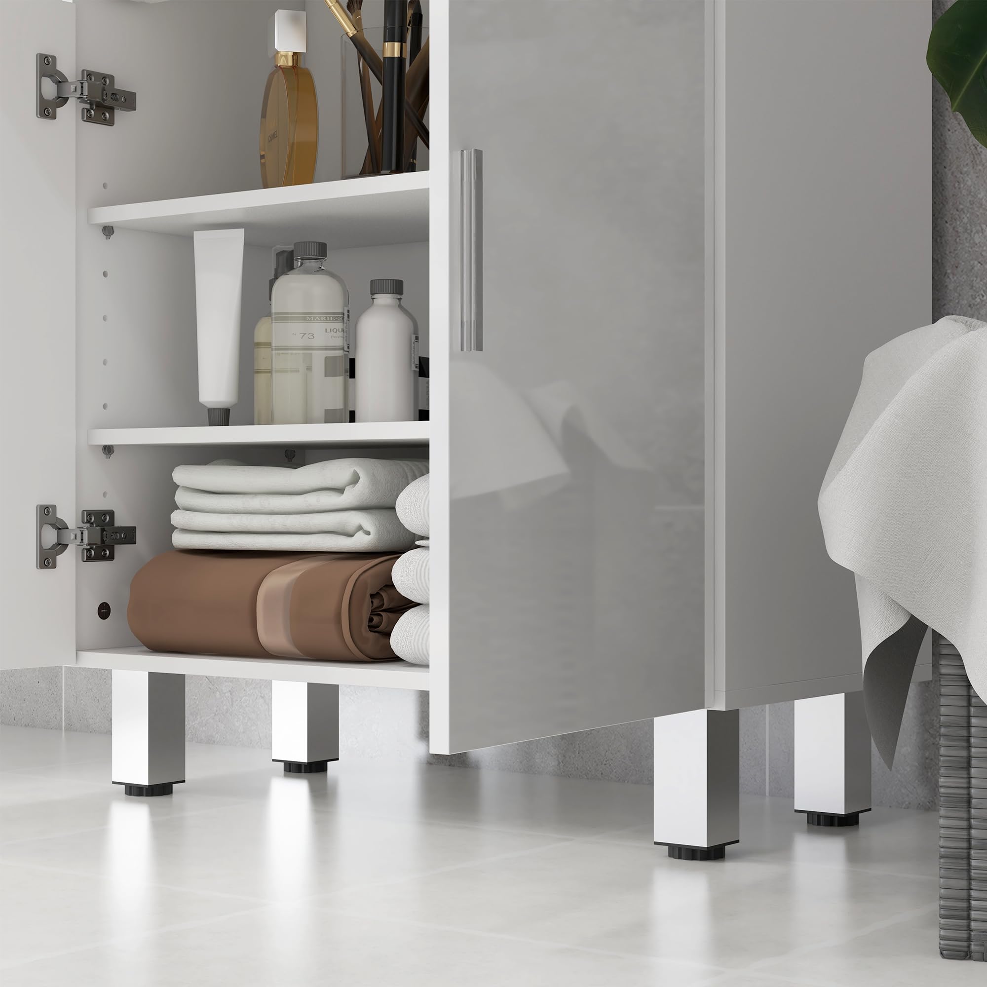 kleankin Mueble Auxiliar Baño Moderno Mueble de Baño con Estantes Ajustables y 2 Cajones Armario Mueble de Almacenaje para Dormitorio Salón Antivuelco Blanco Brillo Carga 35 kg 60x30x93 cm