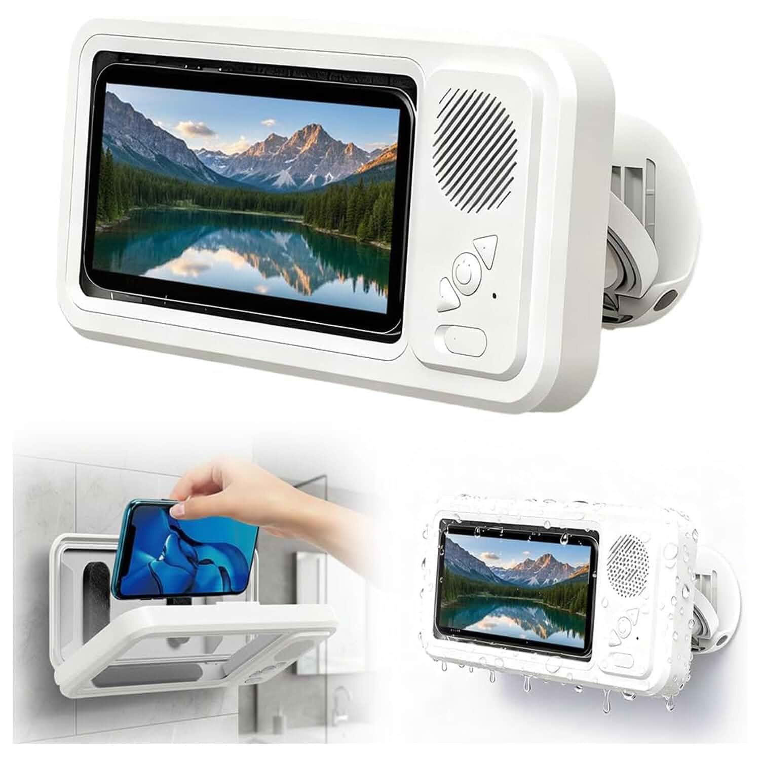 Shower Phone Holder with Wireless Bluetooth Speaker, 2026 New Waterproof Shower Phone Case for Any Phone, Wall Mounted Phoneholder for Bathroom Mirror (White) Wall Mount