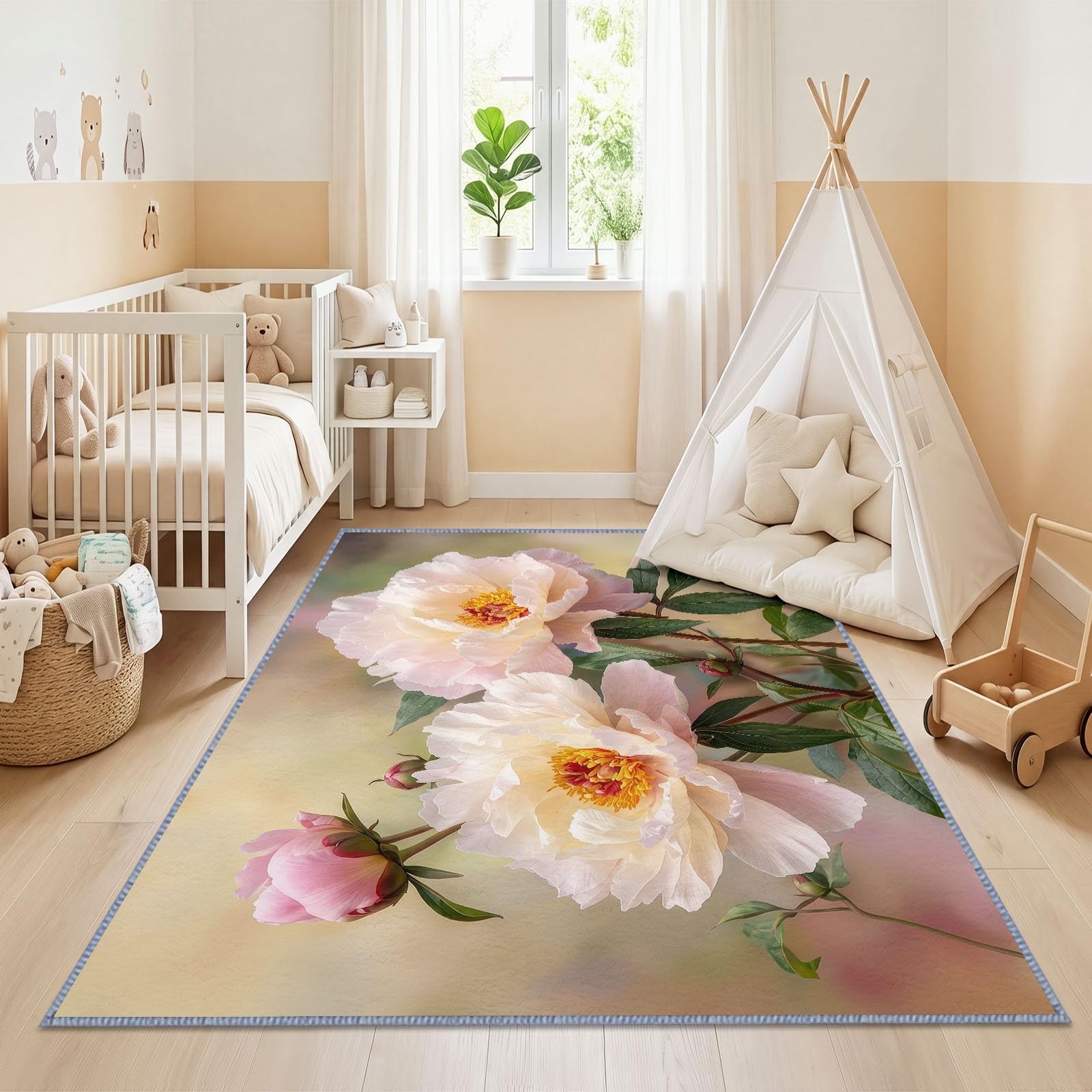 Générique Fleur Rouge Feuille Verte Tapis 140x200 cm Lavable en Machine, Floral Nature Tapis AntidéRapant Doux Poil Ras, pour Salon, Chambre et Salle à Manger