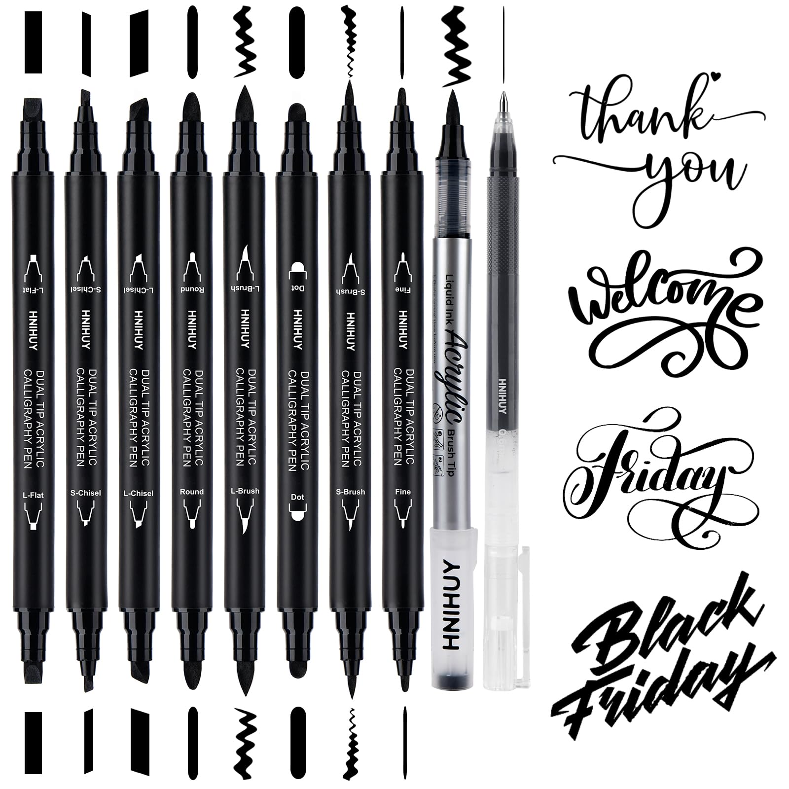 Dual Tip Black Acrylic Calligraphy Pens, Hand Lettering Pen | 10 Size Calligraphy markes…