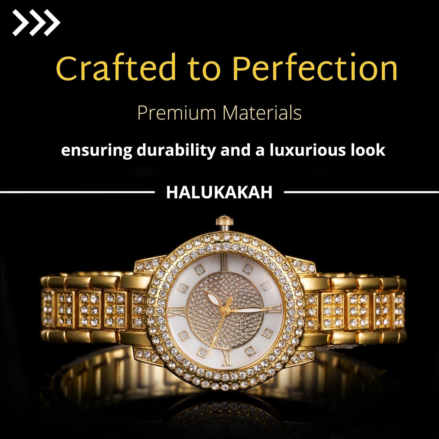 Halukakah Diamonds Watch Iced Out for Boy Teens Kids - 18K Real Gold/Platinum Plated, Gypsophila Rhinestones Round Dial, Japanese Quartz - 7.7" Length - Optional with Cuban Link Chain - for Birthday