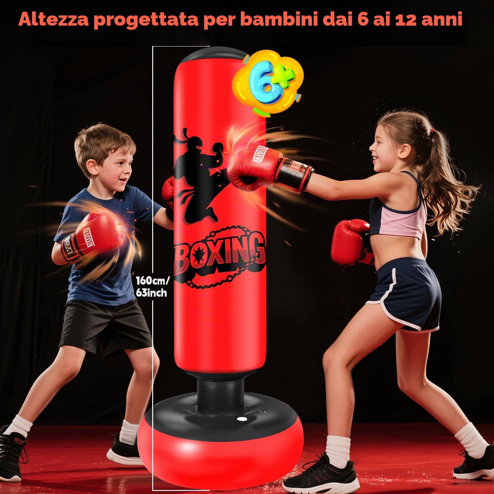 Qoosea Sacco da Boxe per Bambini 6-12 Anni, 160cm Stabile Sacco da Boxe Gonfiabile con Guanti da Boxe, Pratica di Taekwondo Karate Attrezzatura da Allenamento MMA, Regalo per Ragazzi Ragazze