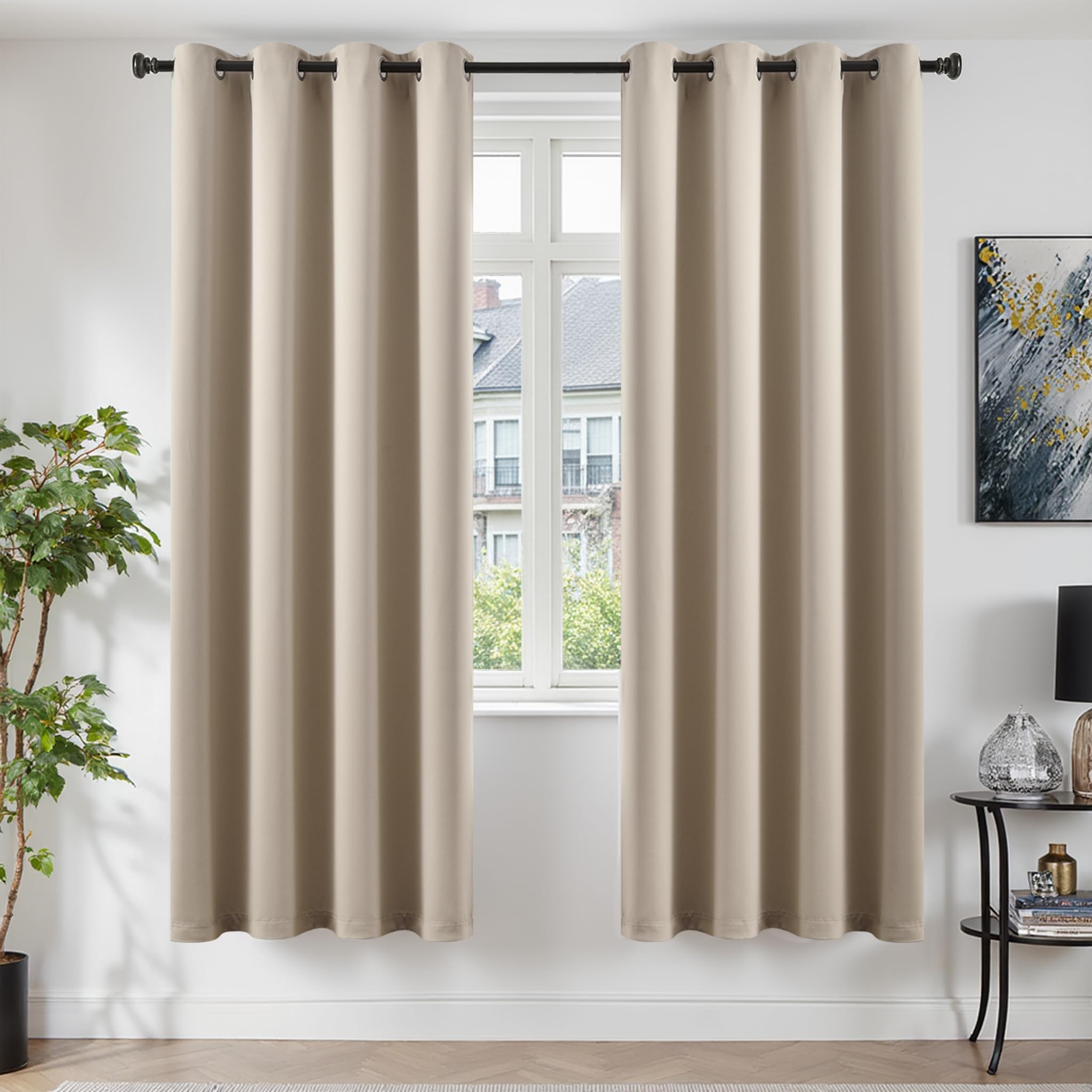 TOPICK Blackout Living Room Darkening Curtains, W55 xL87, 2 Panels, Beige