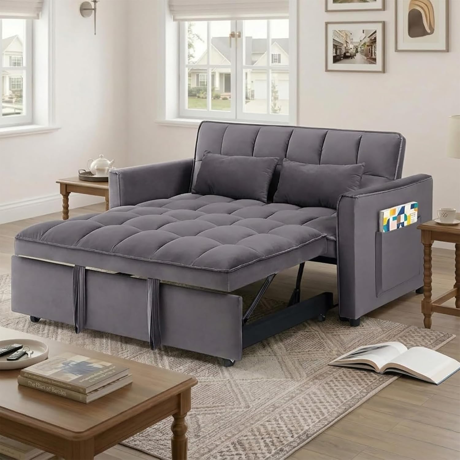 Dreamzie 3 in 1 Convertible Sleeper Sofa Bed, 55'' Loveseat Sleeper Sofa, Pull Out Couch Bed with Adjustable Backrest for Living Room, Velvet Fabric, Dark Gray