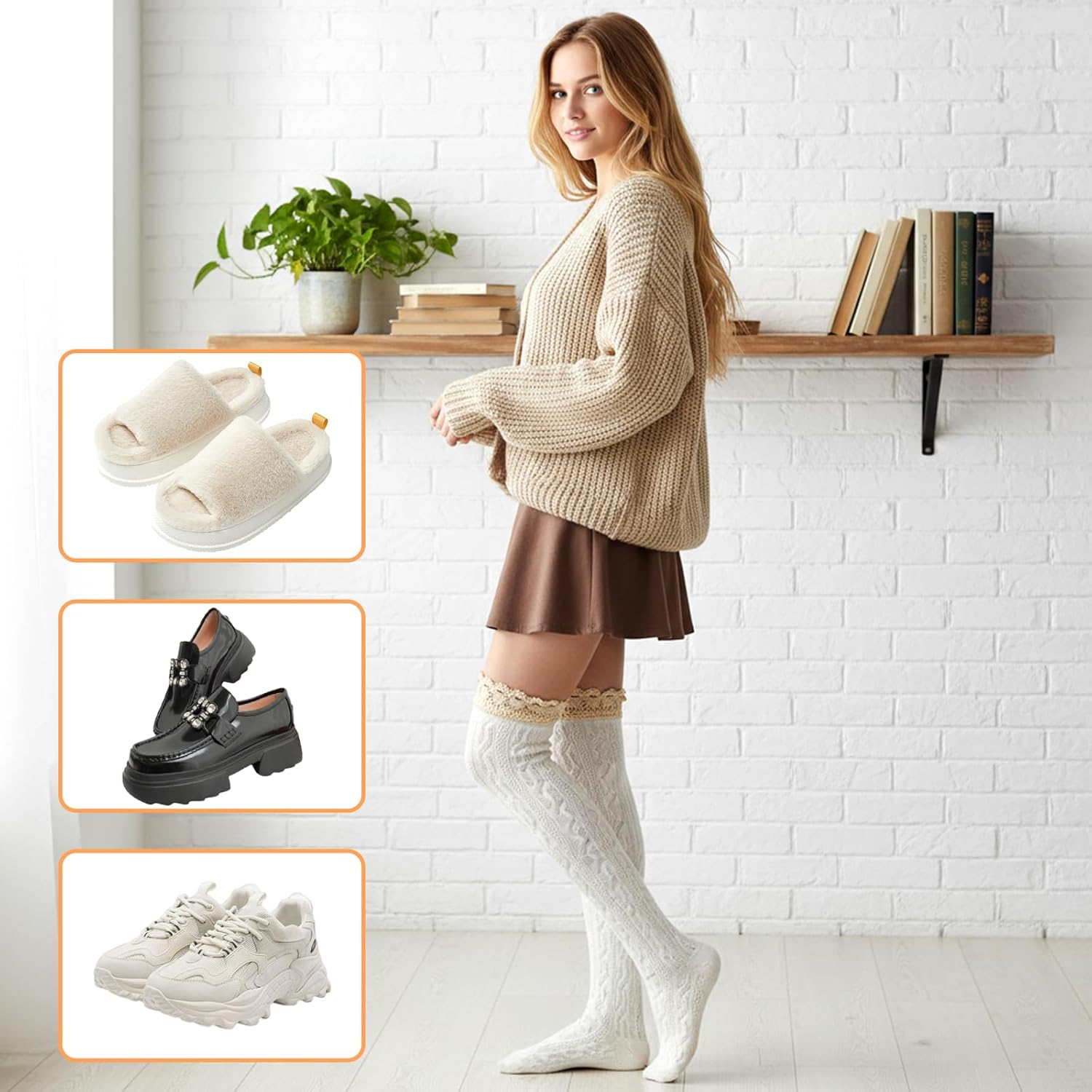 White Thigh High Socks, White over the Knee Socks, Lace Boot Sock with Ruffle Trim Top Stockings - Image 5