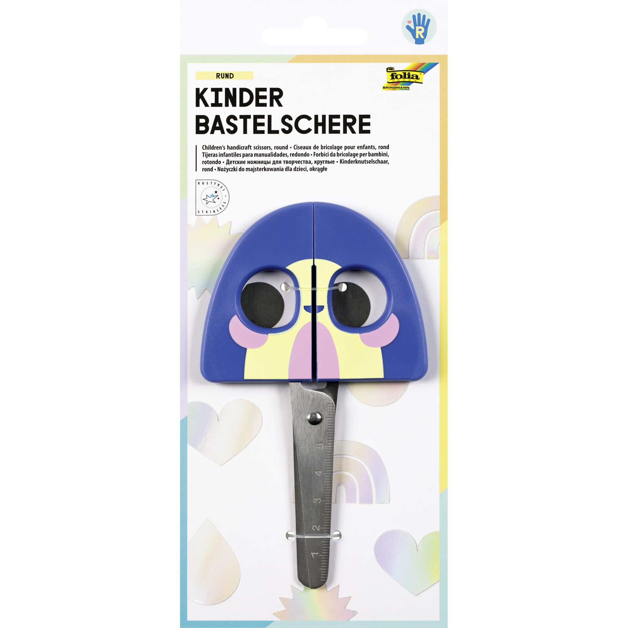 folia 772 Rainbow Children's Craft Scissors, Approx. 16 cm, Children's Scissors with Rainbow Motif and Ruler Embossing, Rustproof with Rounded Corners, for Right-Handed Users