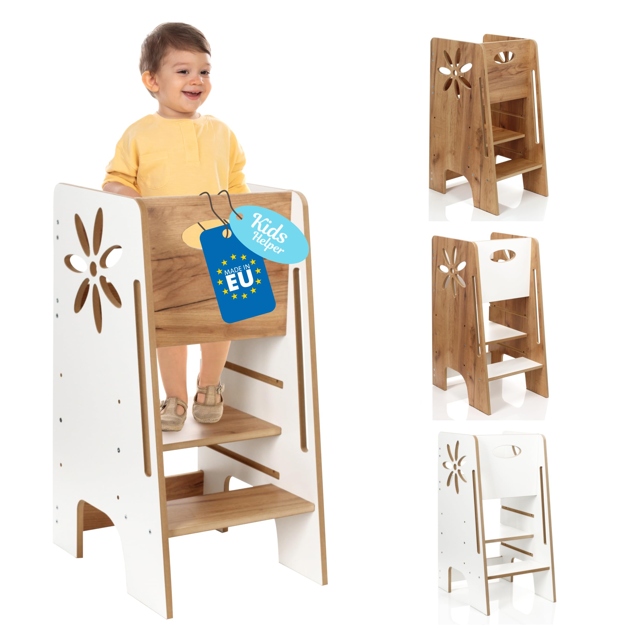 Kitchen Kids Helper Lernturm ab 1 Jahr - Höhenverstellbarer Lernturm Montessori Weiß und Eich 80cm - Sicherer Learning Tower für Kinder - Ideal für Küche & Bad - Stabile Konstruktion -Leichter Aufbau
