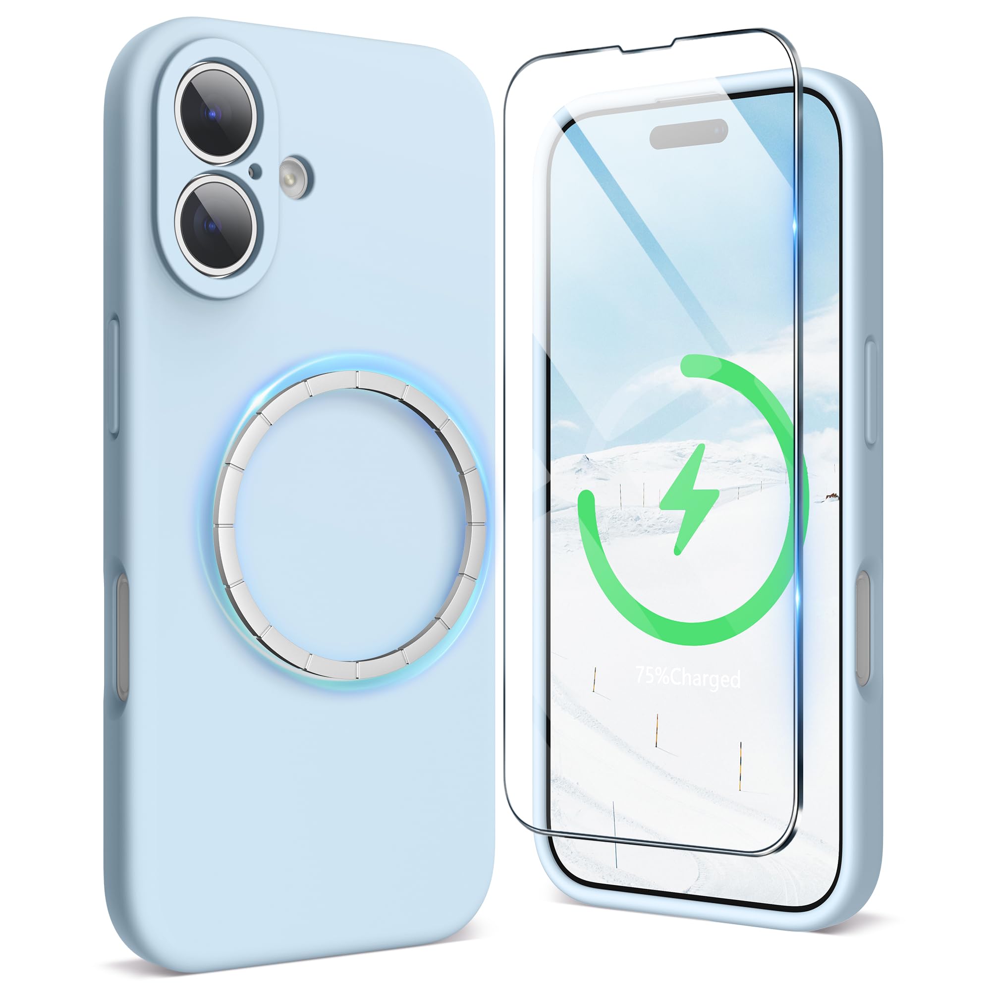 SURPHY Designed for iPhone 16 Case Compatible with MagSafe (6.1 inch 2024), with Screen Protector Liquid Silicone Phone Case (Camera Protective, Soft Microfiber Lining), Cloud Blue