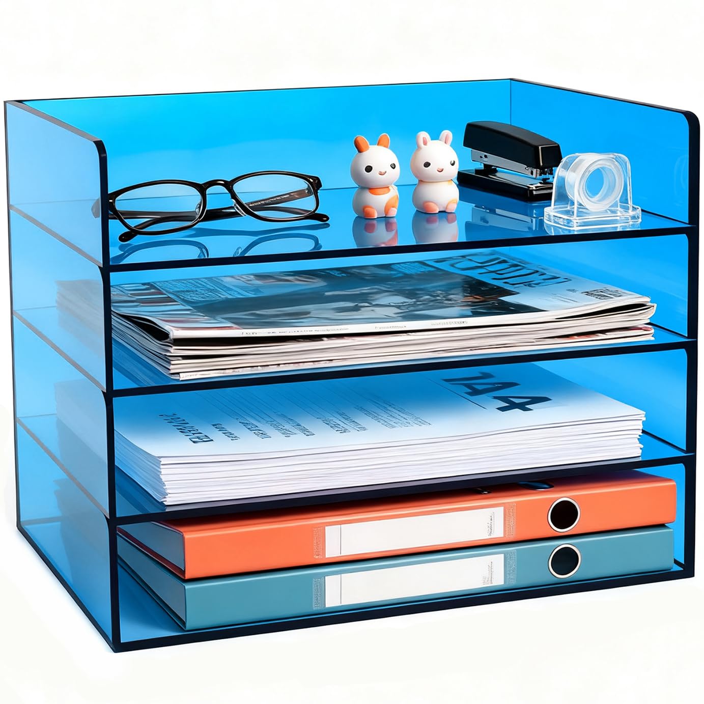 Acrylic File Organizer for Desk 4 Tiered Stackable Letter Tray Office Paper Storage Desktop Document Sorter, Blue
