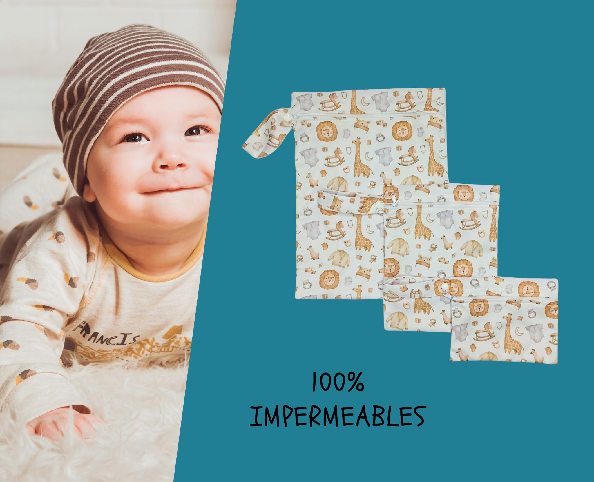 Bolsa Impermeable para Bebe de 3 Piezas, para Ropa Seca, húmeda y usada, Organizador de pañales, toallitas y cremas, para guarderia, Neceser para Viaje, Son Reutilizables. (Jirafa)