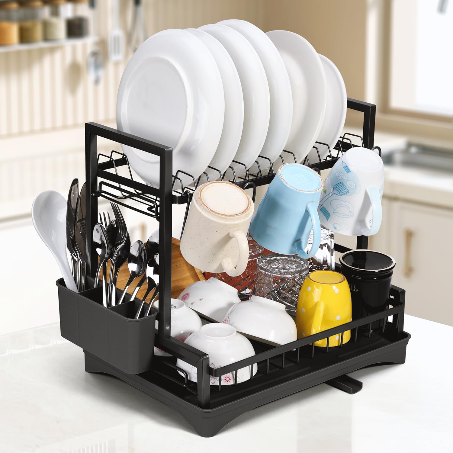 Vinsani Black Dish Drying Drainer Rack 2 Tier Space Saving Dish Rack Modern Kitchen Drying Rack With Cutlery Holder Auto Drainage System Dish Draining Rack For Kitchen Countertop (Black)