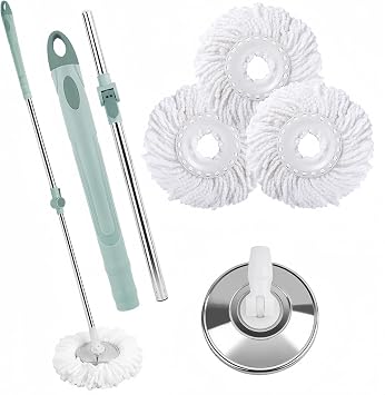 Spin Mop Replacement Handle, Upgraded Reinforced Locking 360 Spinning Adjustable Cleaning Mop, 2 Reinforced Locking Telescopic Rods + 3 Reusable Microfiber Mop Refills + 1 Stainless Steel Tray