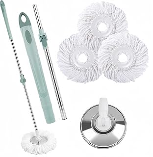 Spin Mop Replacement Handle, Upgraded Reinforced Locking 360° Spinning Adjustable Cleaning Mop, 2 Reinforced Locking Telescopic Rods + 3 Reusable Microfiber Mop Refills + 1 Stainless Steel Tray
