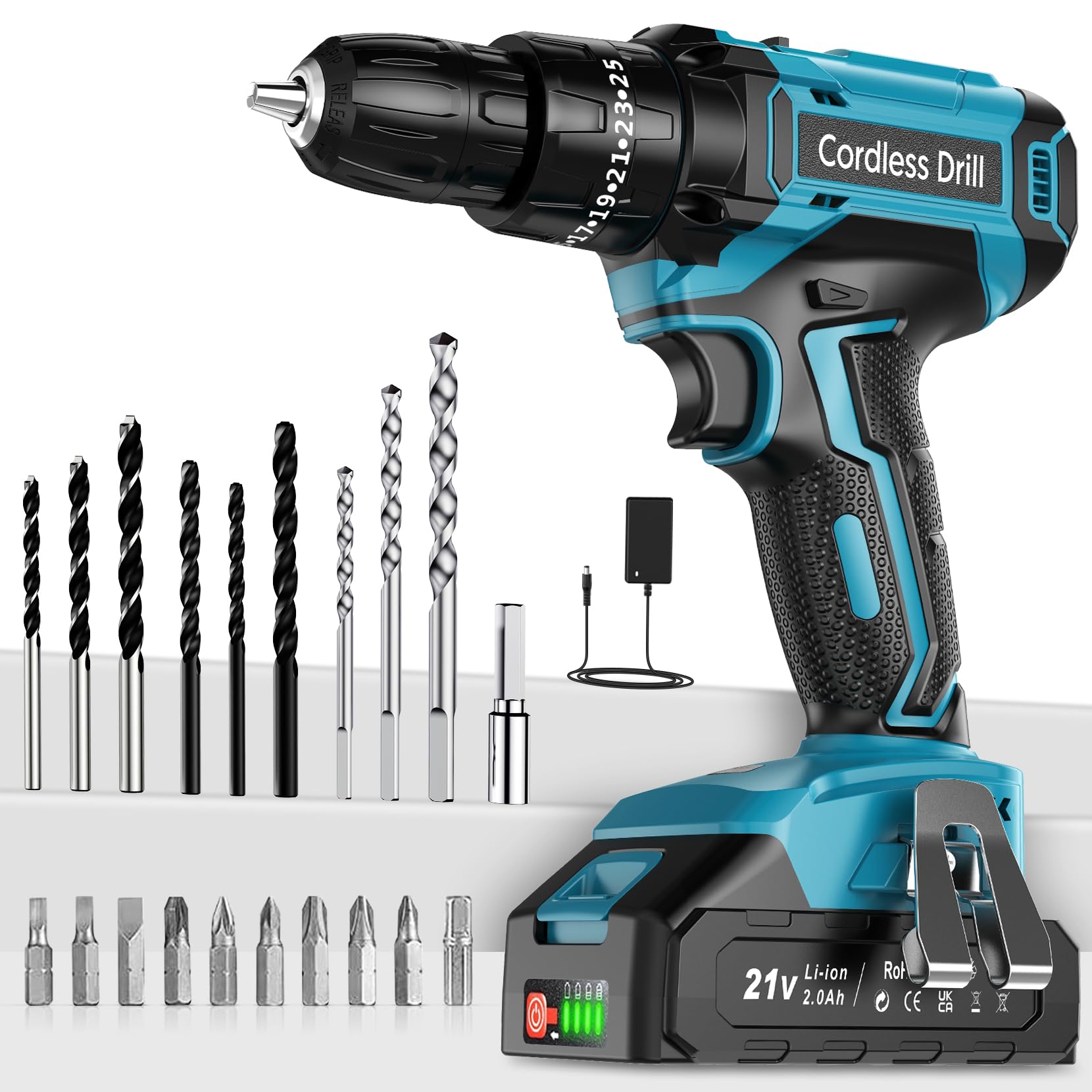 Cordless Drill Driver 21V, Cordless Hammer Drill with Battery 2000mAh, 25+3 Torque, 42N.m Max ElectricDrill, 24PCS DrillBits, 2 Speed, LED Light for Home and Garden DIY Project