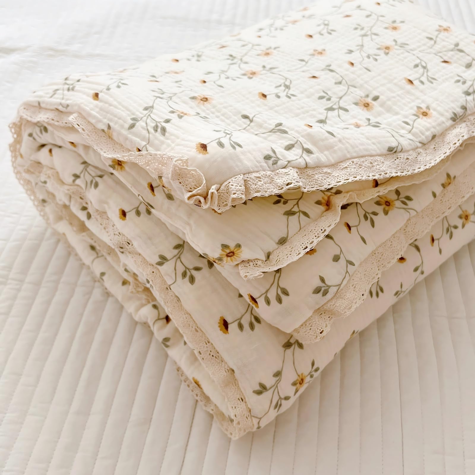 BuLuTu Edredón de muselina para bebé, lindo edredón para cuna, mantas de muselina suave y ligera para niñas y niños, patrón de flores silvestres, 47 x 59 pulgadas