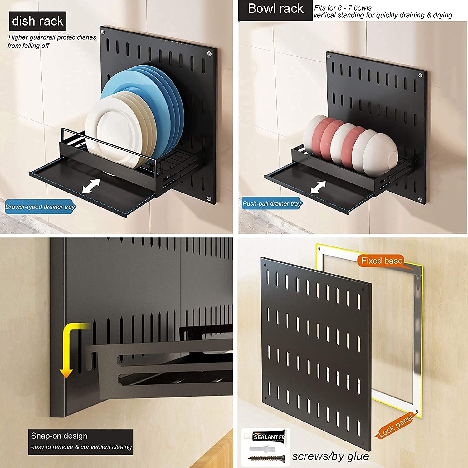 Escurridor de platos montado en la pared para colgar en los paneles traseros, estante de especias a presión para una fácil instalación, retira el escurridor de platos de acero inoxidable