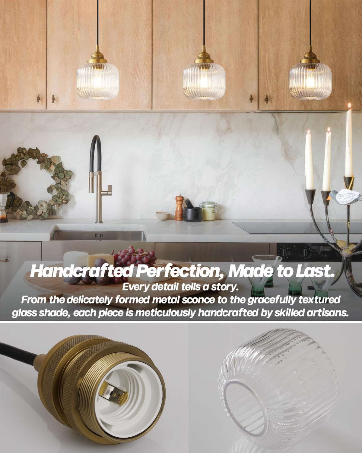 SongCiLT Vintage Ceiling Pendant Light with Clear Ribbed Glass Lampshade - Image 4