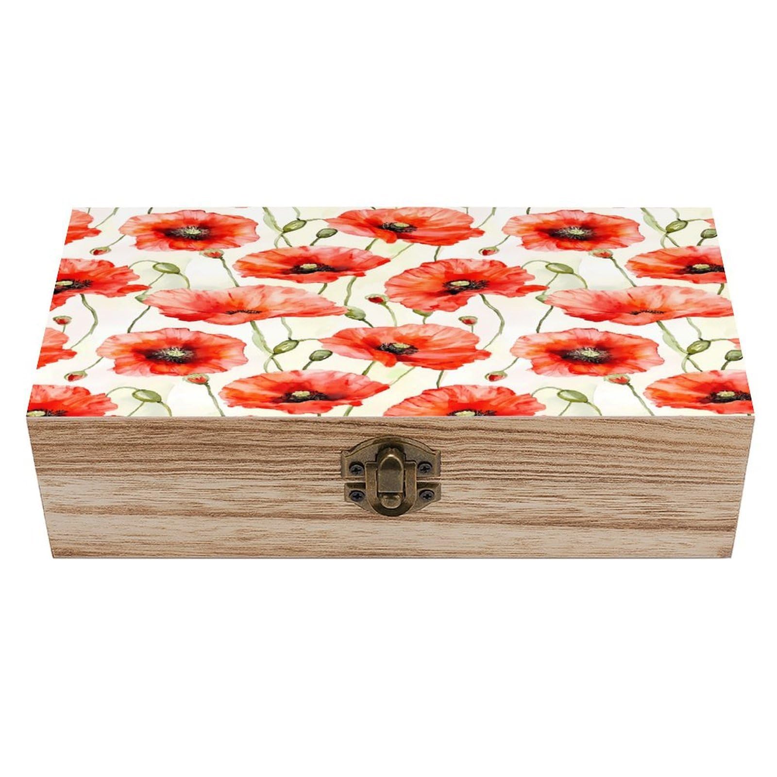 HLBSDM Red Poppy Flowers Watercolor Wooden Storage Box with Front Clasp Vintage Keepsake Boxes for Jewelry Decorative Gift Ideas for Men Women