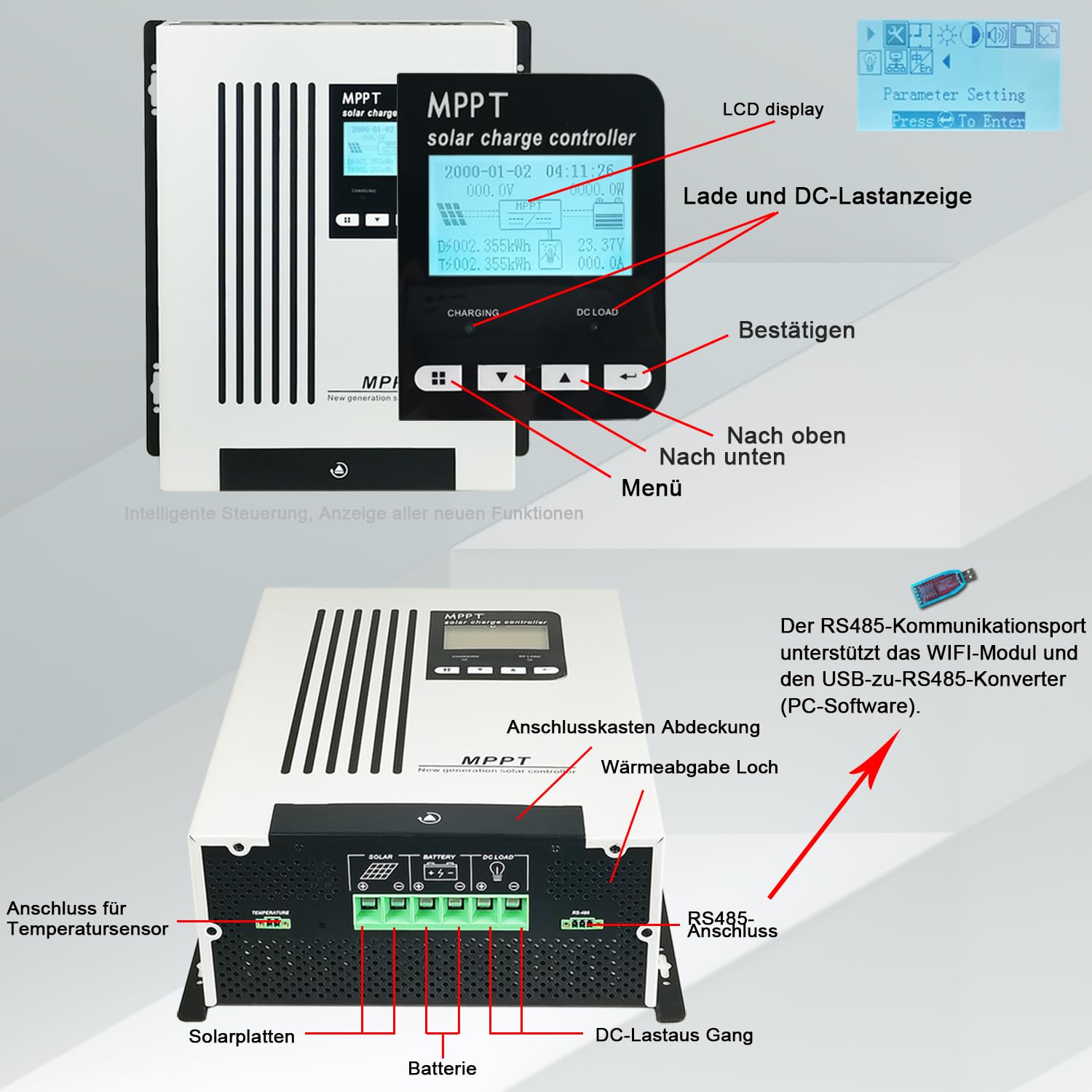96V 55A MPPT Solarladeregler 48V 60V 72V Solar Reaktivierung einer leeren Batterie DC180V PV Input 5500W for Off Gird Solar System Sealed Gel AGM Flooded Lithium Battery