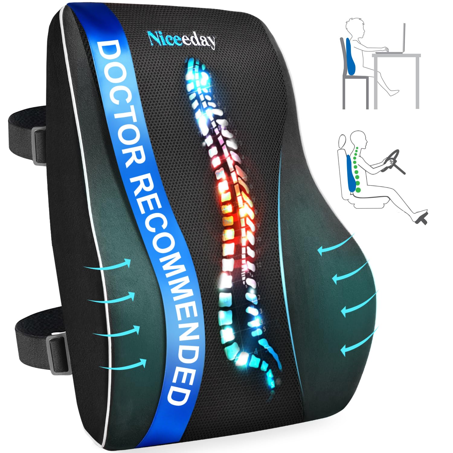 Niceeday Lumbar Support Cushion for Office Chair Car Spine Cushion Memory Foam Back Cushion Breathable 3D Mesh Spine Support Orthopedic Back Pain Relief Ergonomic