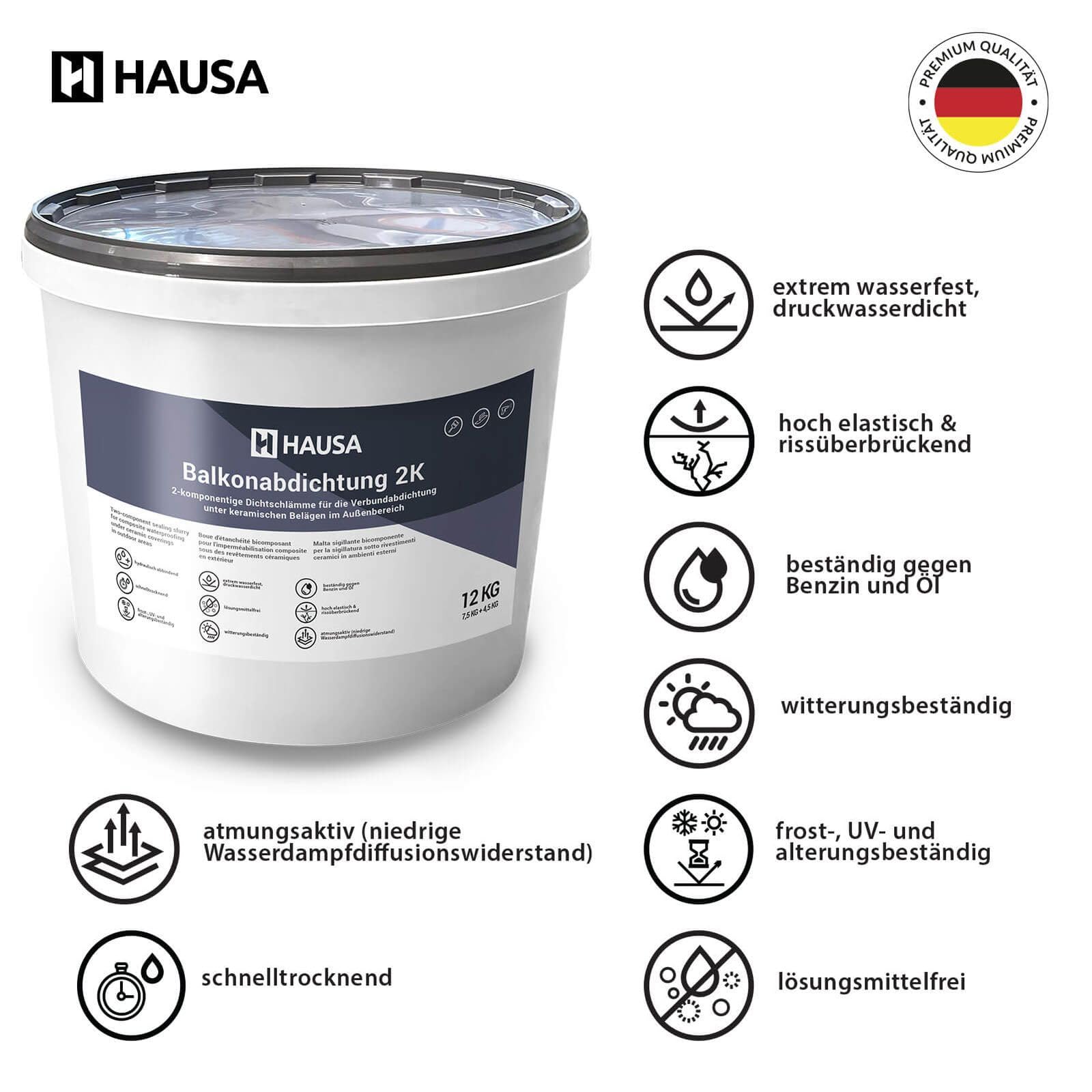 Hausa Balkonabdichtung 2K, 12kg flexible Dichtschlämme zur Abdichtung von Balkon, Terrasse, Bad, Dusche, Keller, Fundamente; Dichtungsmasse für Außenbereich, frost-, UV- und alterungsbeständig