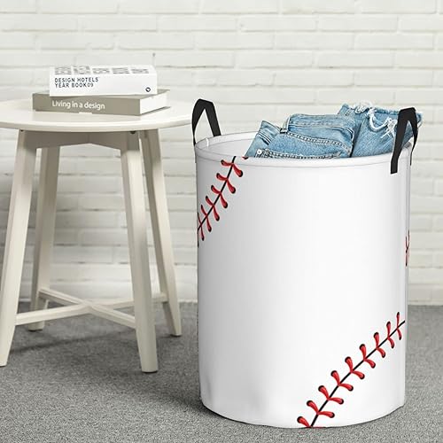 Miniatura 7 de Cesta redonda para ropa sucia de 38 litros, cesta de almacenamiento de béisbol con costuras rojas, revestimiento impermeable, organizador de bolas