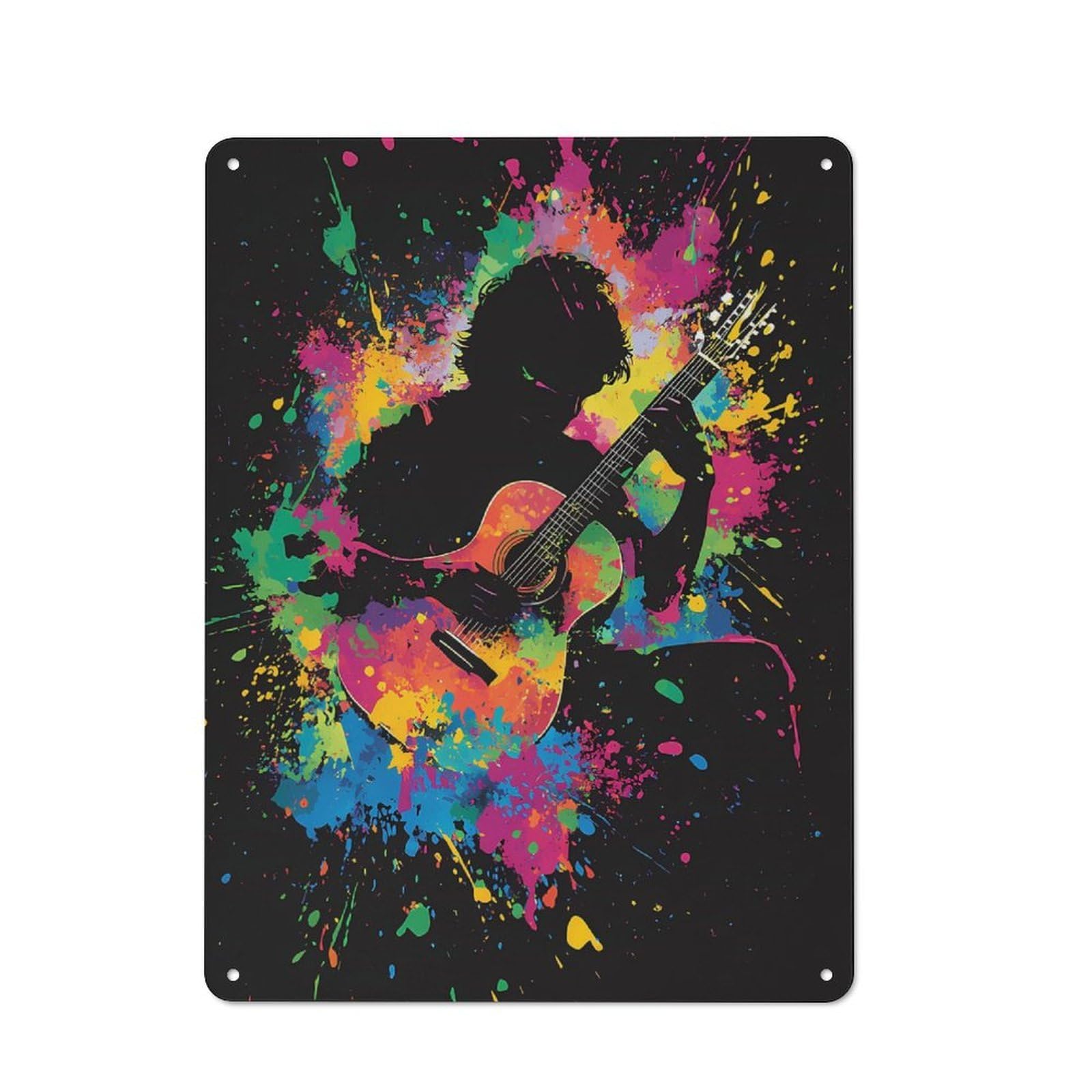 Junmoney Guitarist In Splatter Tin Wall Plaque 40X30cm With For Living Room Or Hallway, For Garage, Workshop And Man Cave Decoration