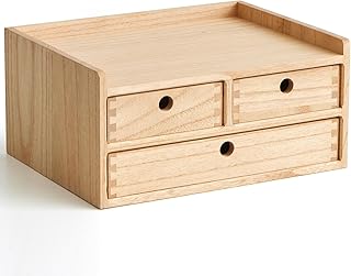 KIRIGEN Holz-Schreibtisch-Organizer mit 3 Schubladen und 1 Einlegeboden Heimarbeitsplatz Bürobedarf Holzaufbewahrungsbox Regal Etui halten Makeup Box Natur