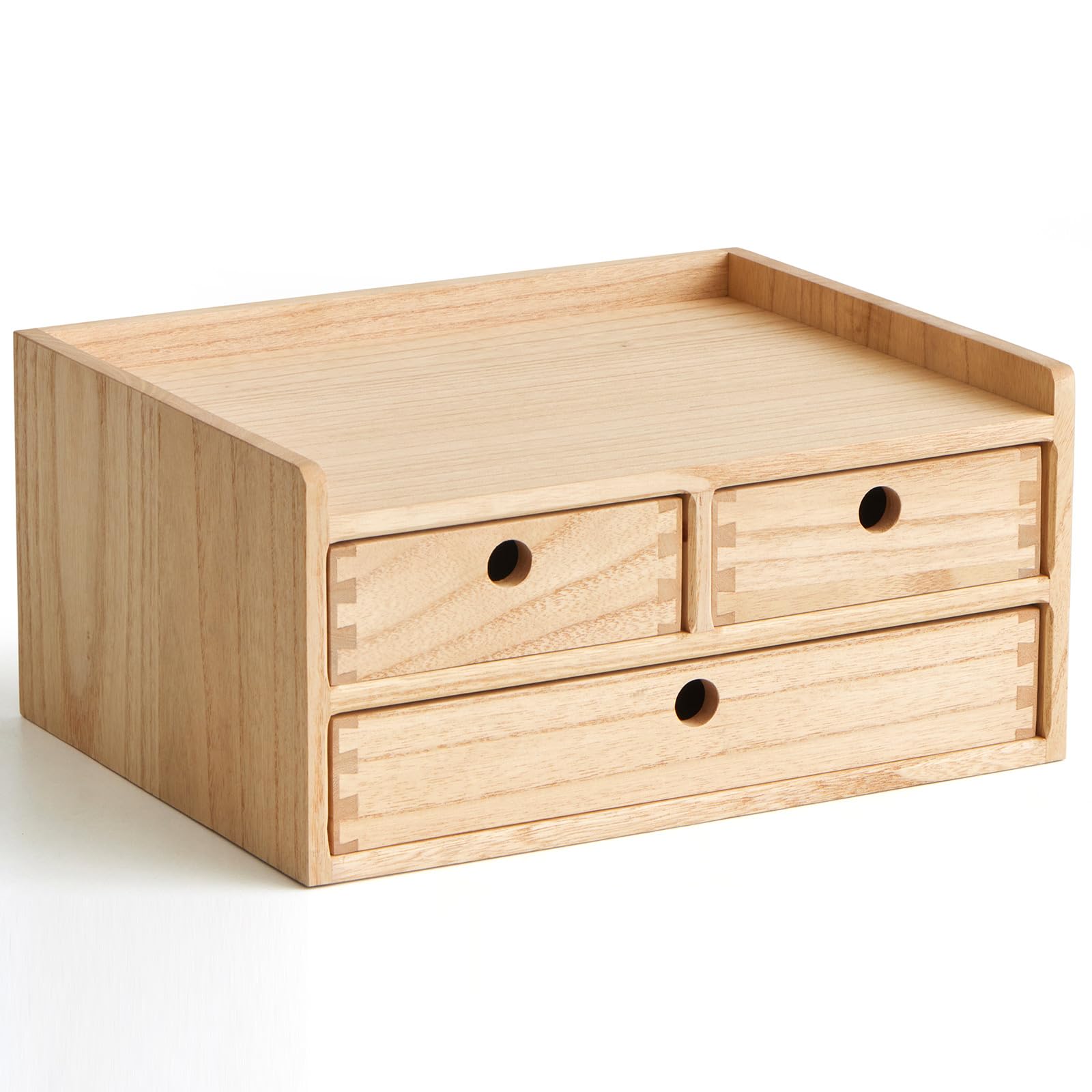 KIRIGEN Schubladenbox Holz, Schreibtisch-Organizer, A4-Fach, Natur | 35 x 27 x 16,7 cm, 3 Schubladen, Ablagefach, Massivholz, handgefertigt, fertig montiert, Zapfenverbindungen, Pflanzenöl