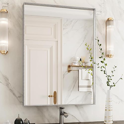 Espejo de baño, espejo de pared de 22 x 30 pulgadas, marco de metal cepillado, espejo rectangular montado en la pared para sala de estar,